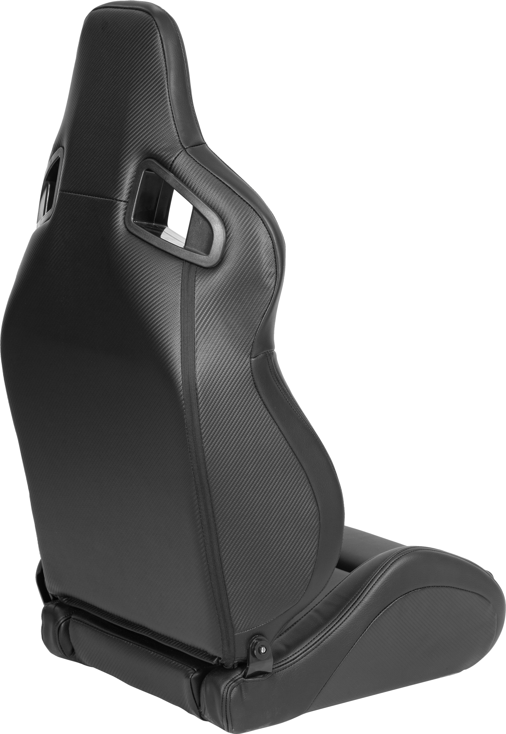 Black racing bucket seat with carbon fiber texture accents and faux leather trim