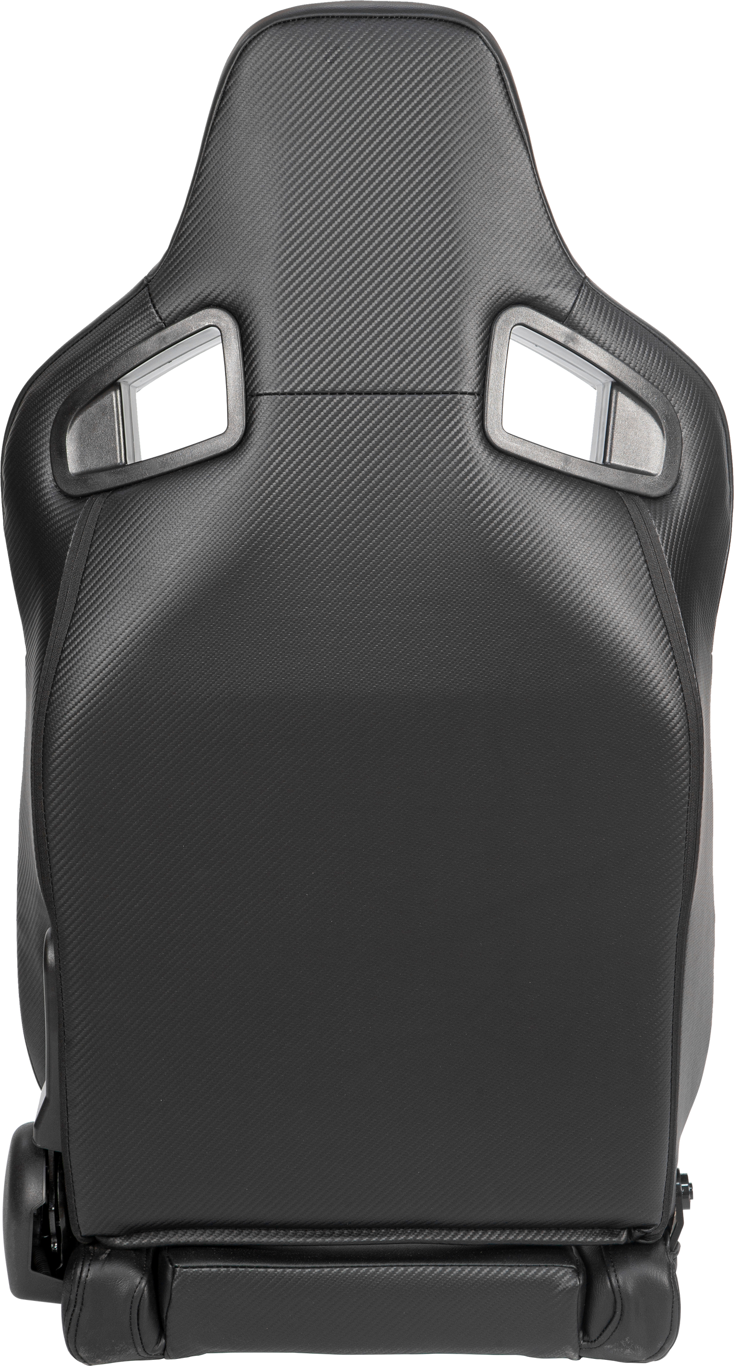 Black racing bucket seat with carbon fiber texture and leather accents