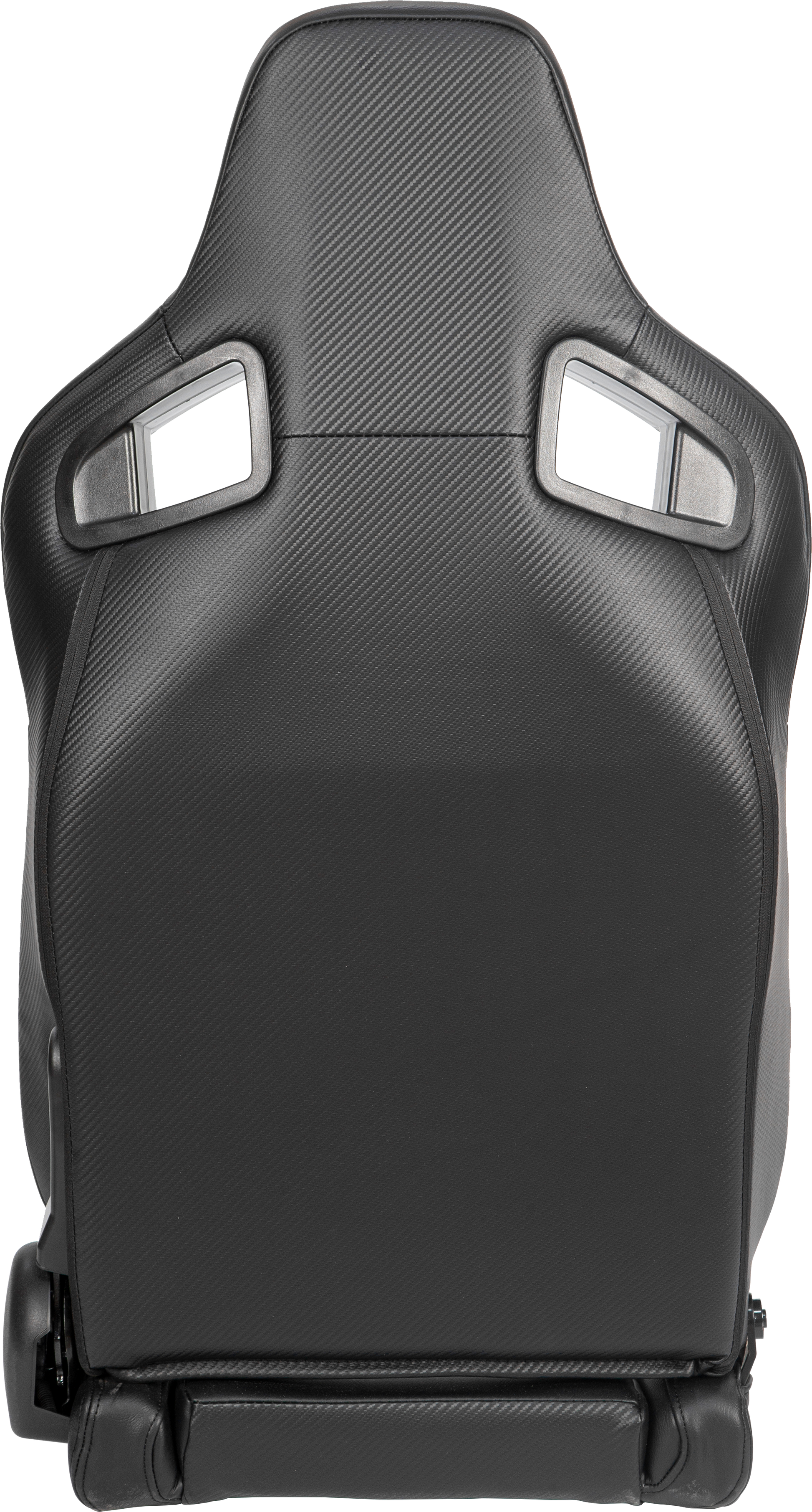 Black racing bucket seat with carbon fiber texture and leather accents