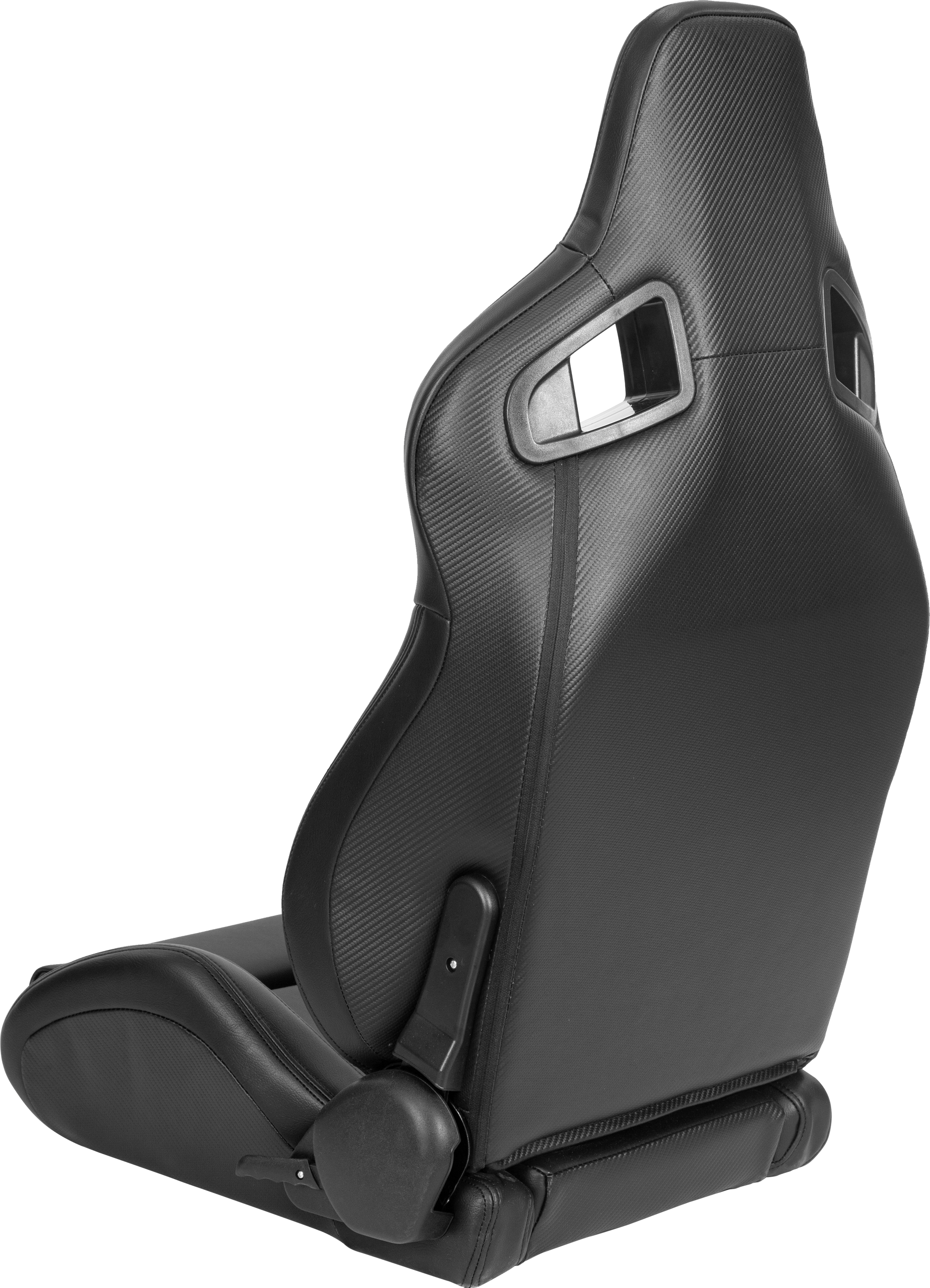 Black racing bucket seat with carbon fiber accents and harness slots
