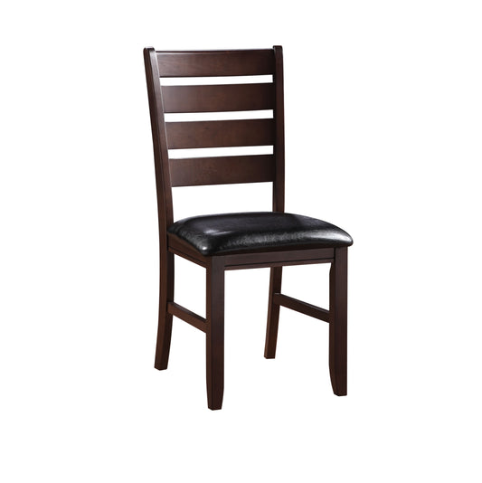 Dark brown wooden dining chair with horizontal back slats and black faux leather seat