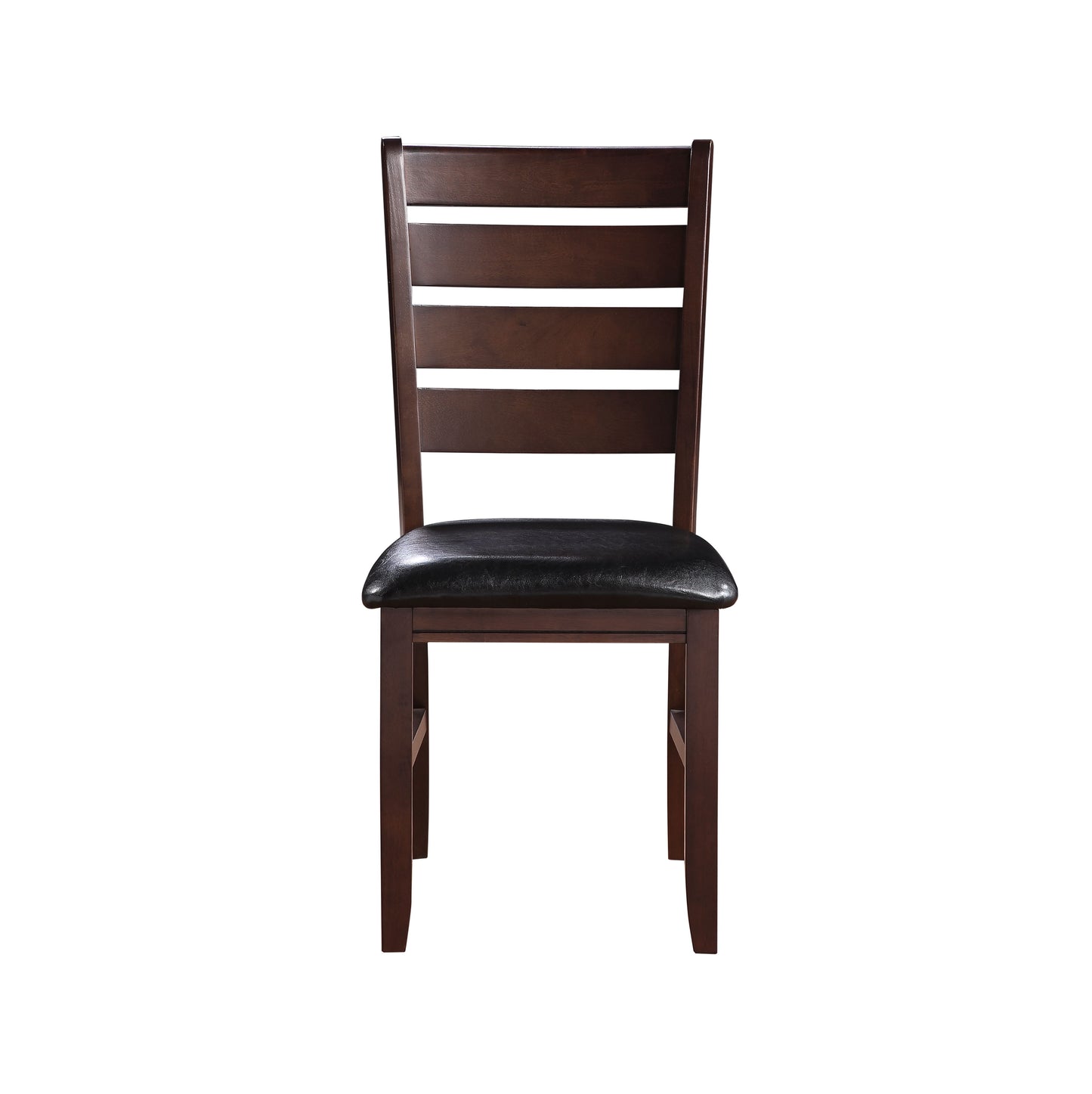 Dark wood dining chair with black faux leather seat and horizontal back slats