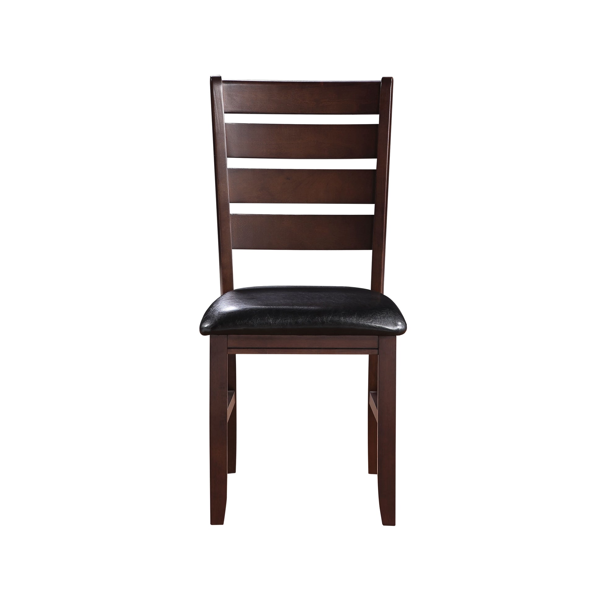 Dark wood dining chair with black faux leather seat and horizontal back slats