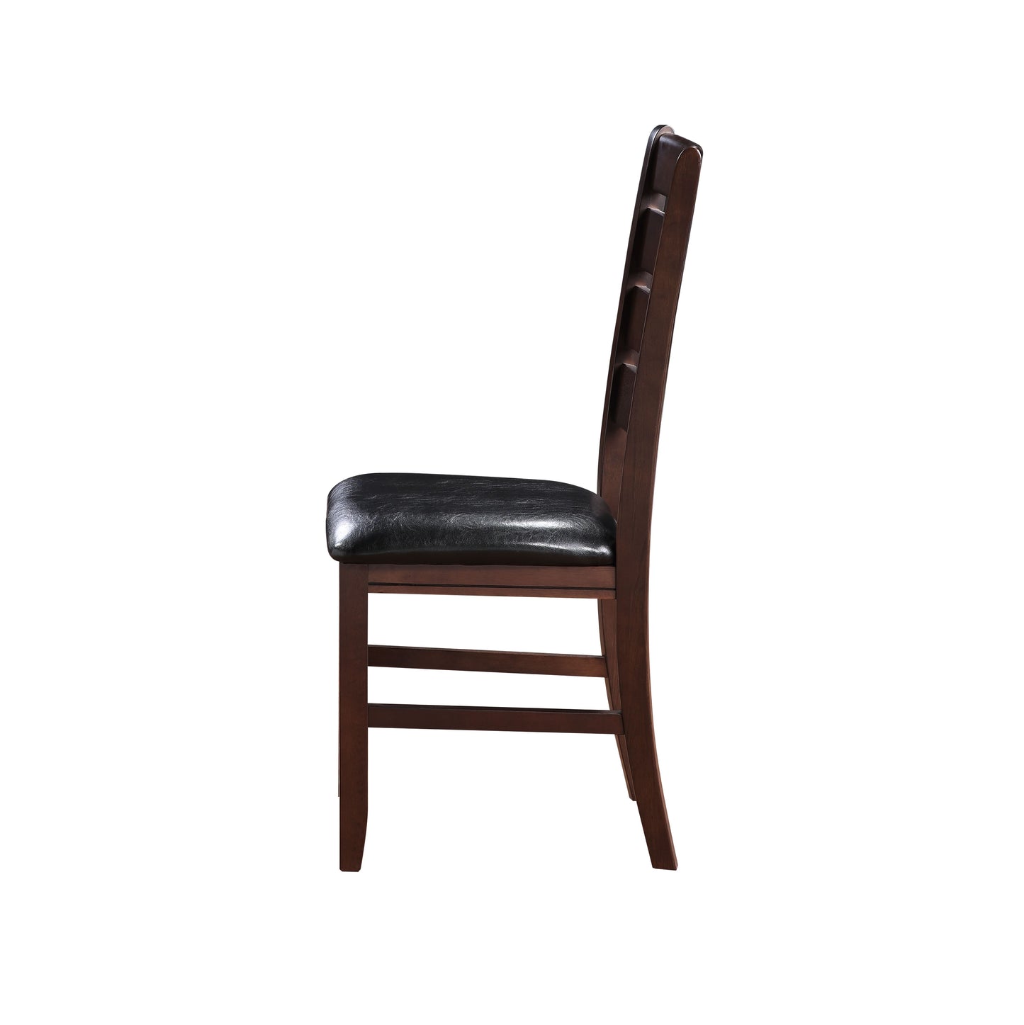 Dark wood dining chair with a black upholstered seat and slatted back