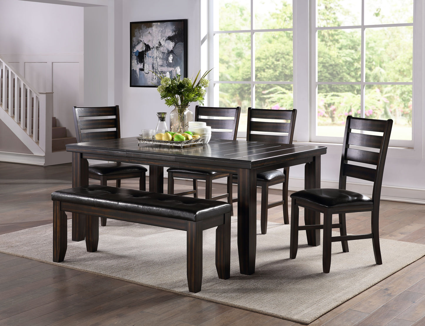 Dark wood dining set with tufted leather bench and chairs perfect for modern homes