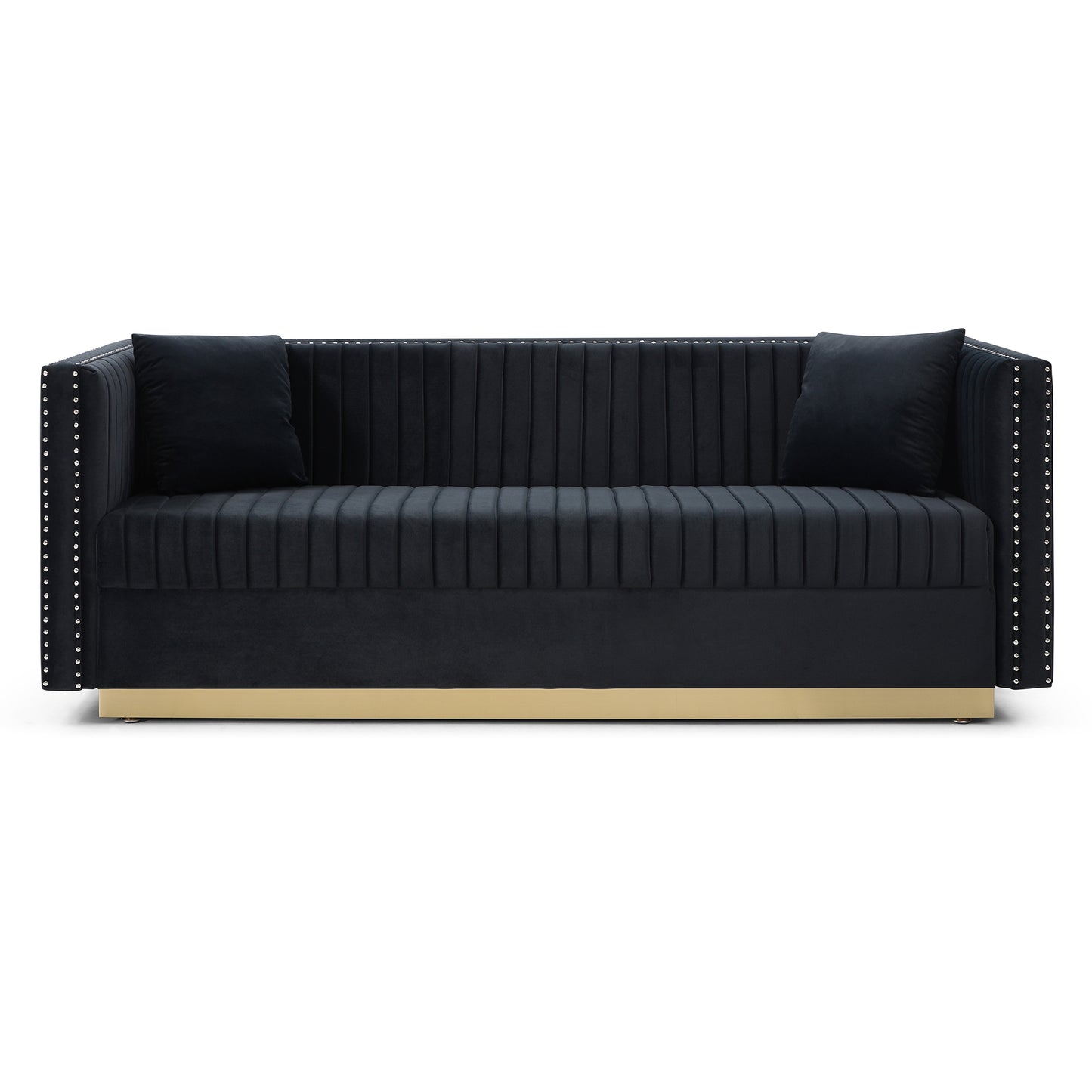 Plush black velvet sofa with button tufting studded arms and gold base