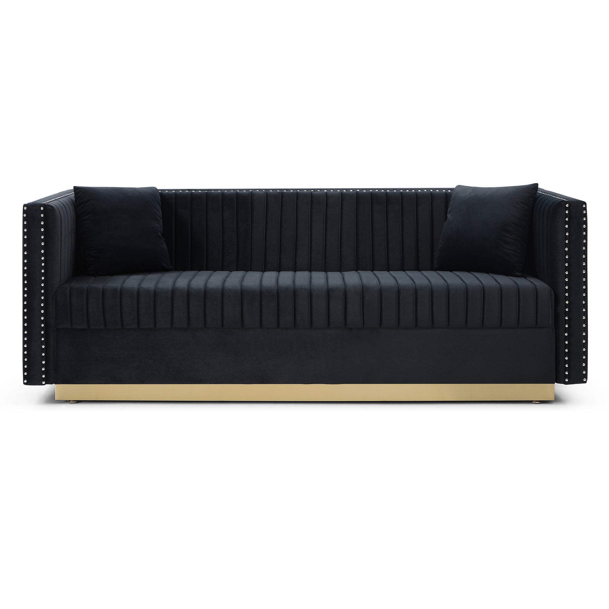 Plush black velvet sofa with button tufting studded arms and gold base