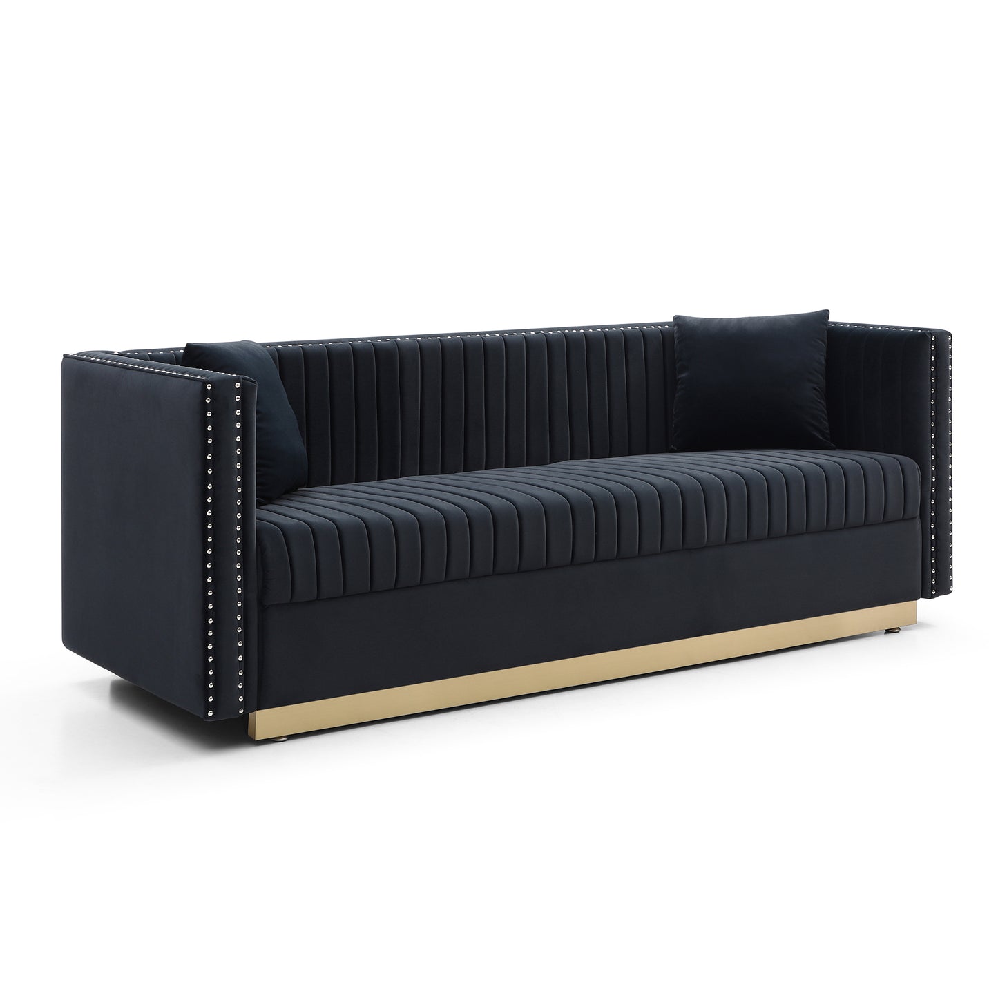 Black velvet sofa with channel tufting silver nailhead trim and gold base