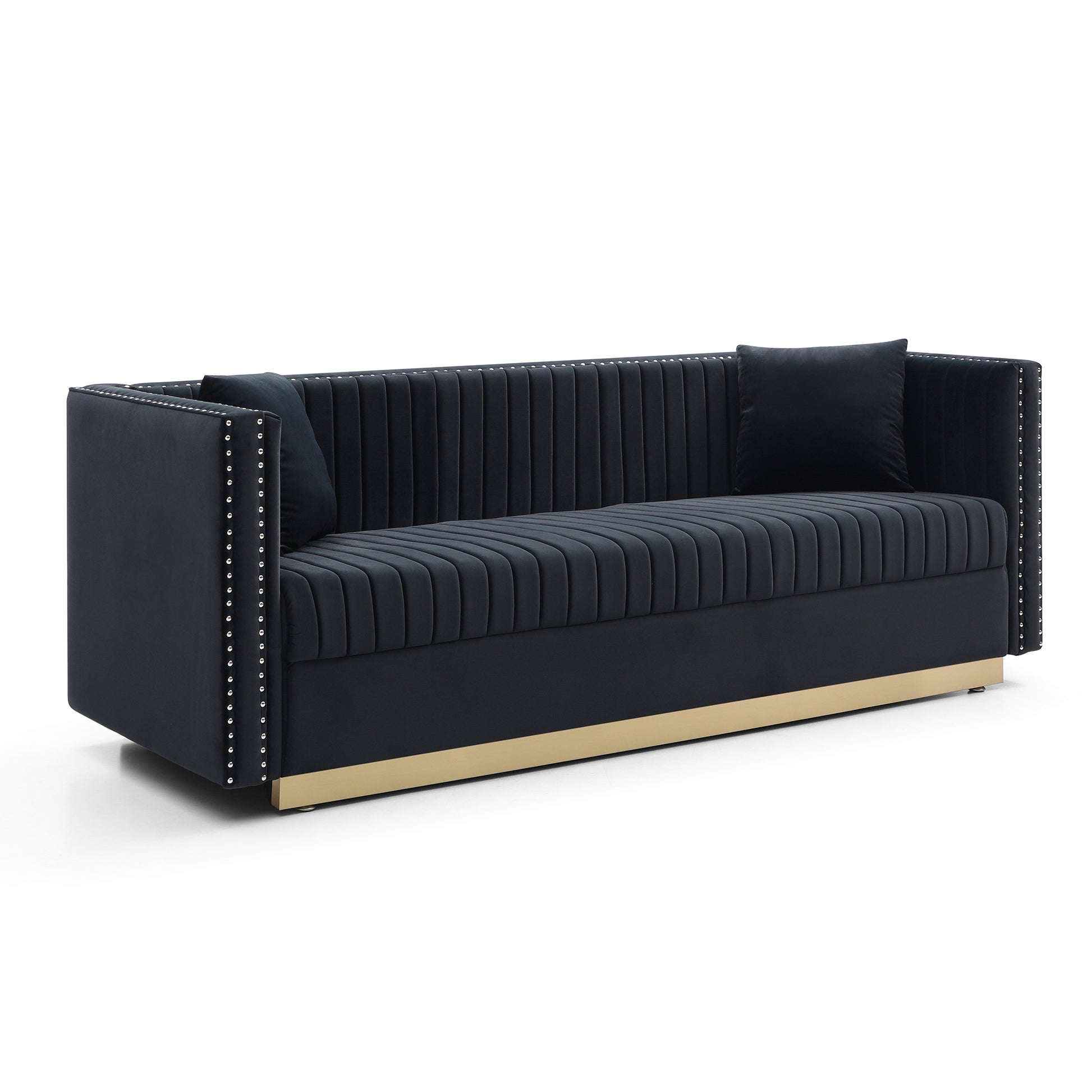 Black velvet sofa with channel tufting silver nailhead trim and gold base