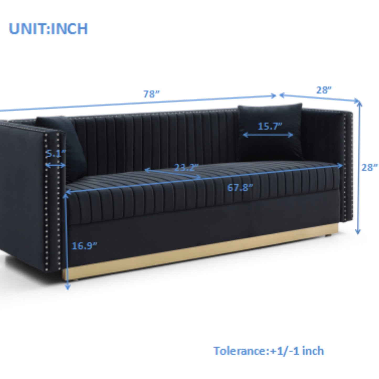 Tufted black velvet sofa with gold trim and silver nailhead accents