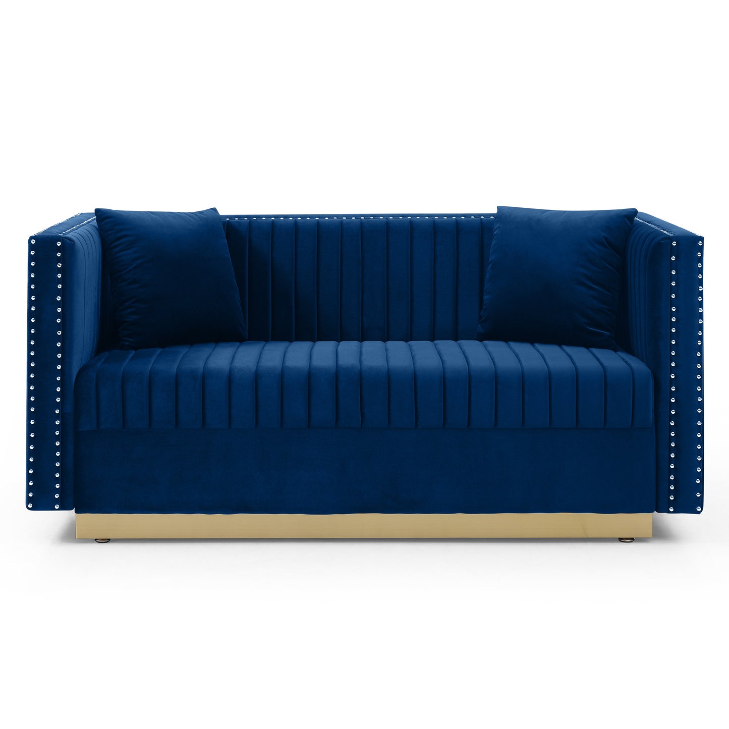 Deep blue velvet sofa with channel tufting silver nailhead trim and gold base