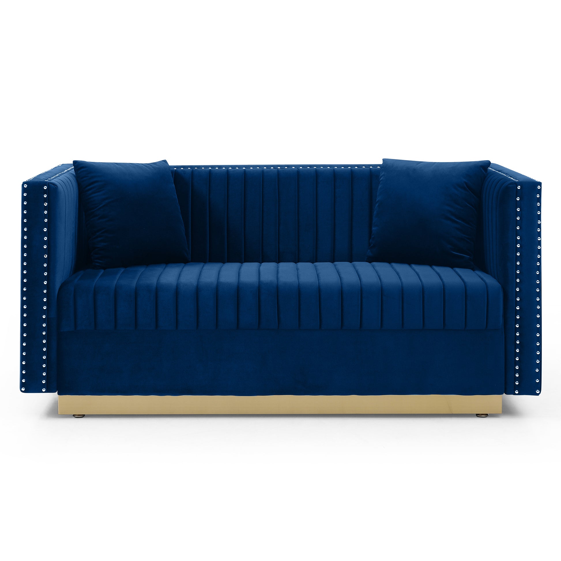 Deep blue velvet sofa with channel tufting silver nailhead trim and gold base