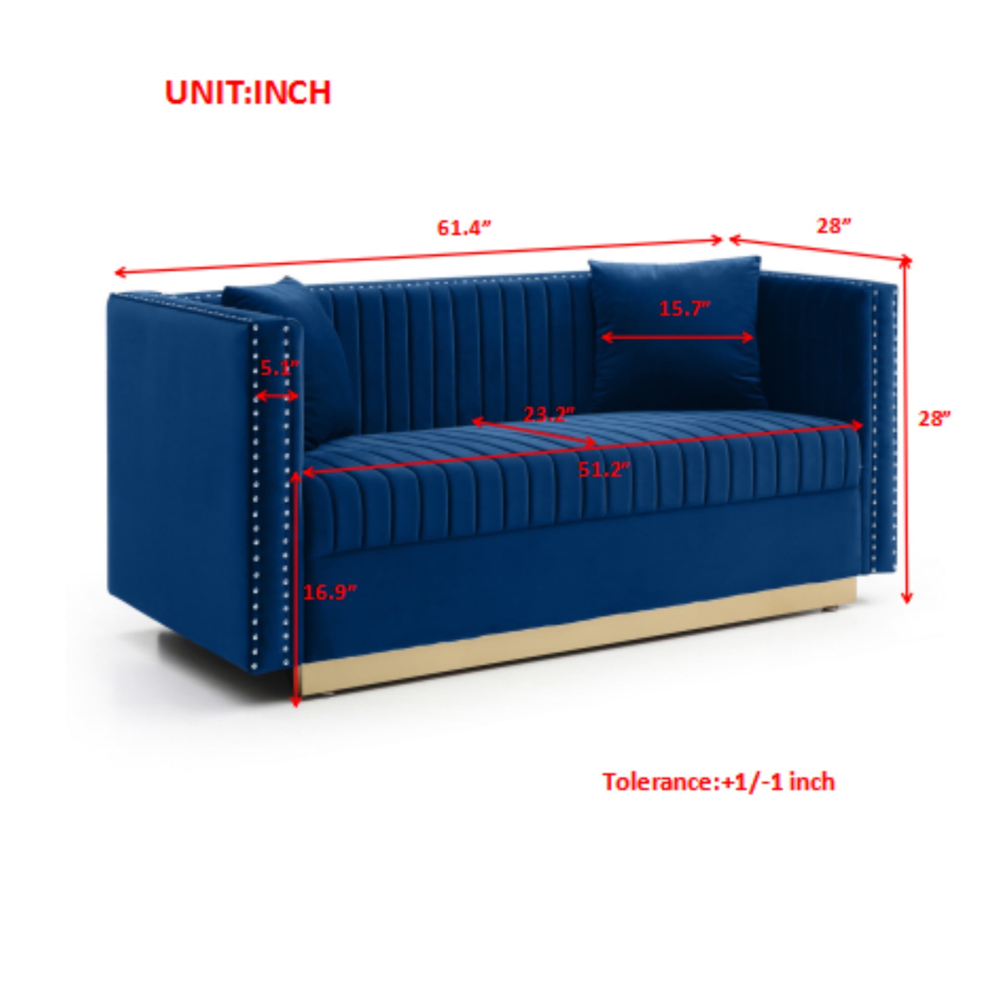 Deep blue velvet sofa with silver nailhead trim and gold base