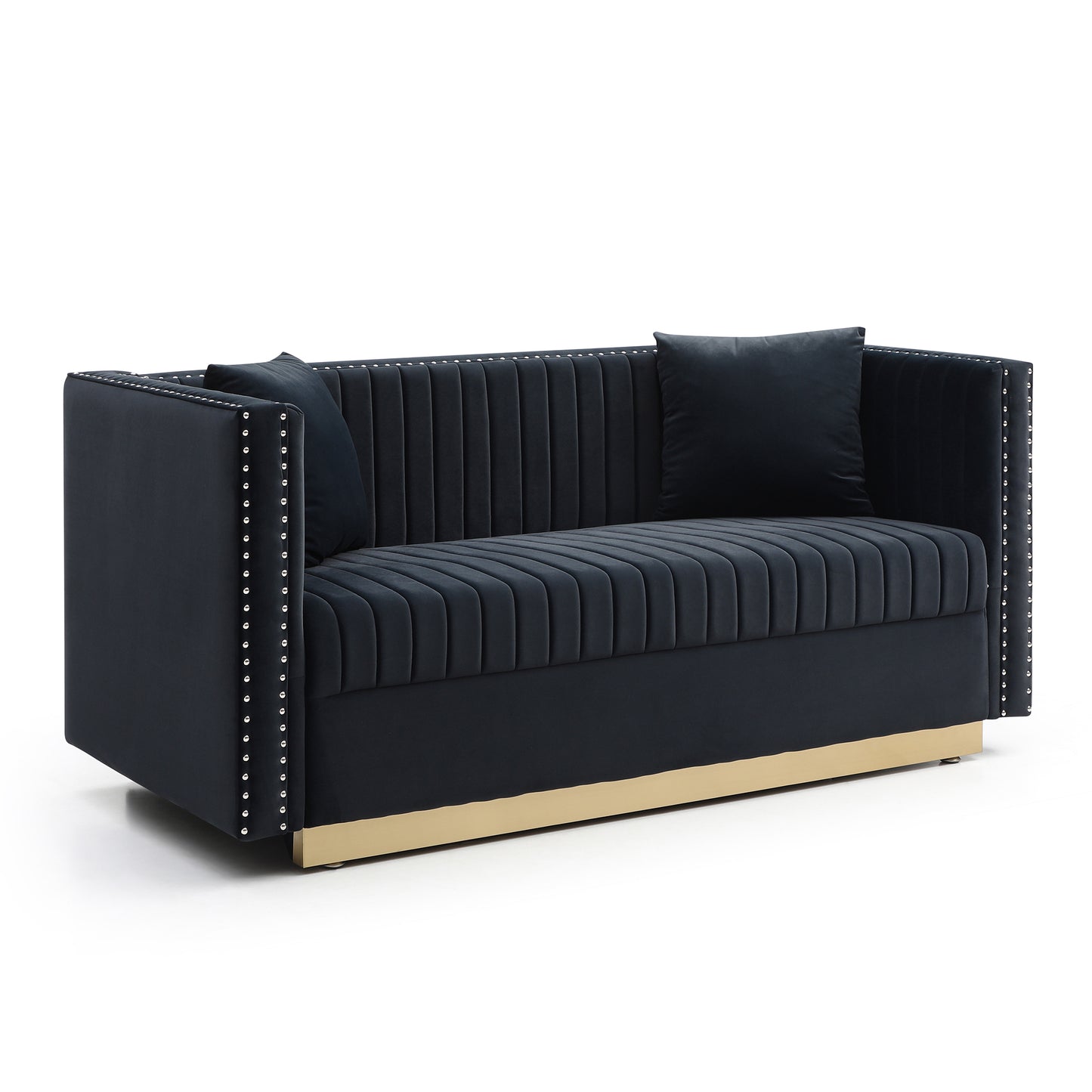 Dark navy velvet sofa with silver nailhead trim and plush cushions on a gold base