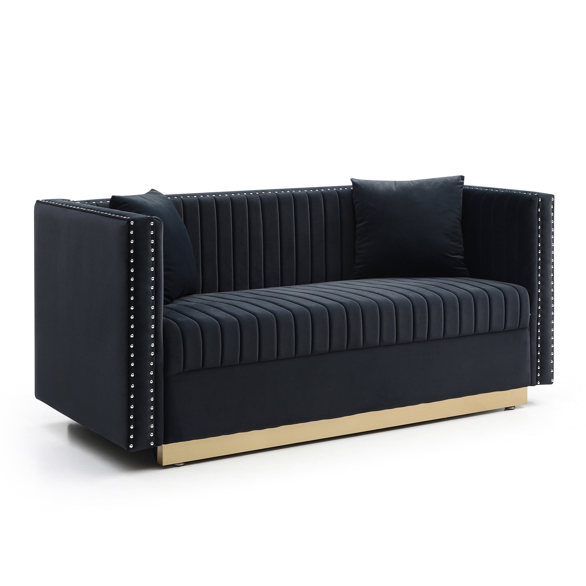 Dark navy velvet sofa with silver nailhead trim and plush cushions on a gold base