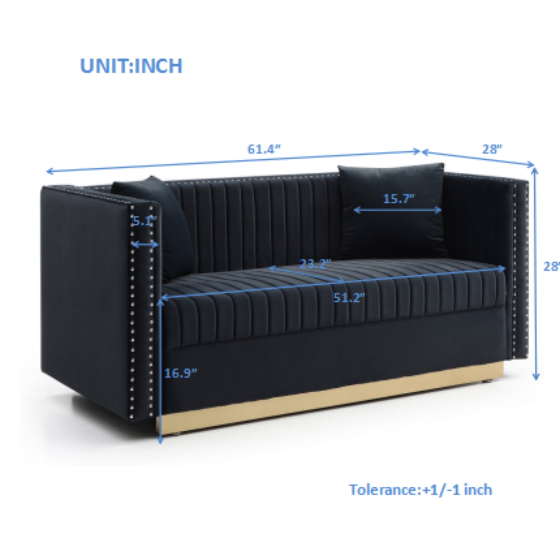 Dark blue velvet sofa with nailhead trim and gold base