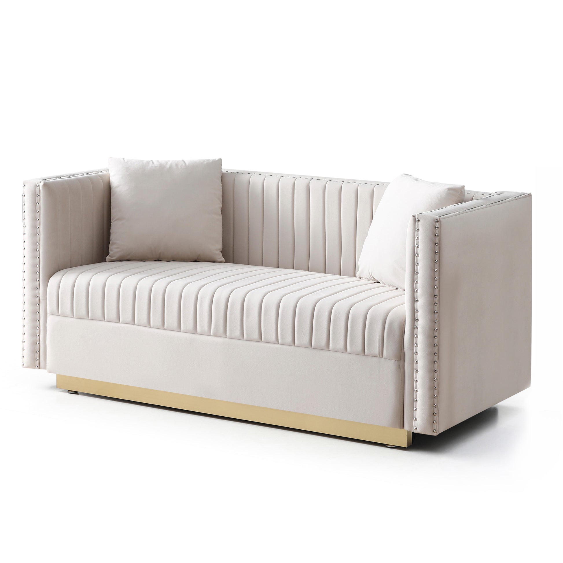 Cream velvet sofa with pleated design gold base and silver nailhead trim accent