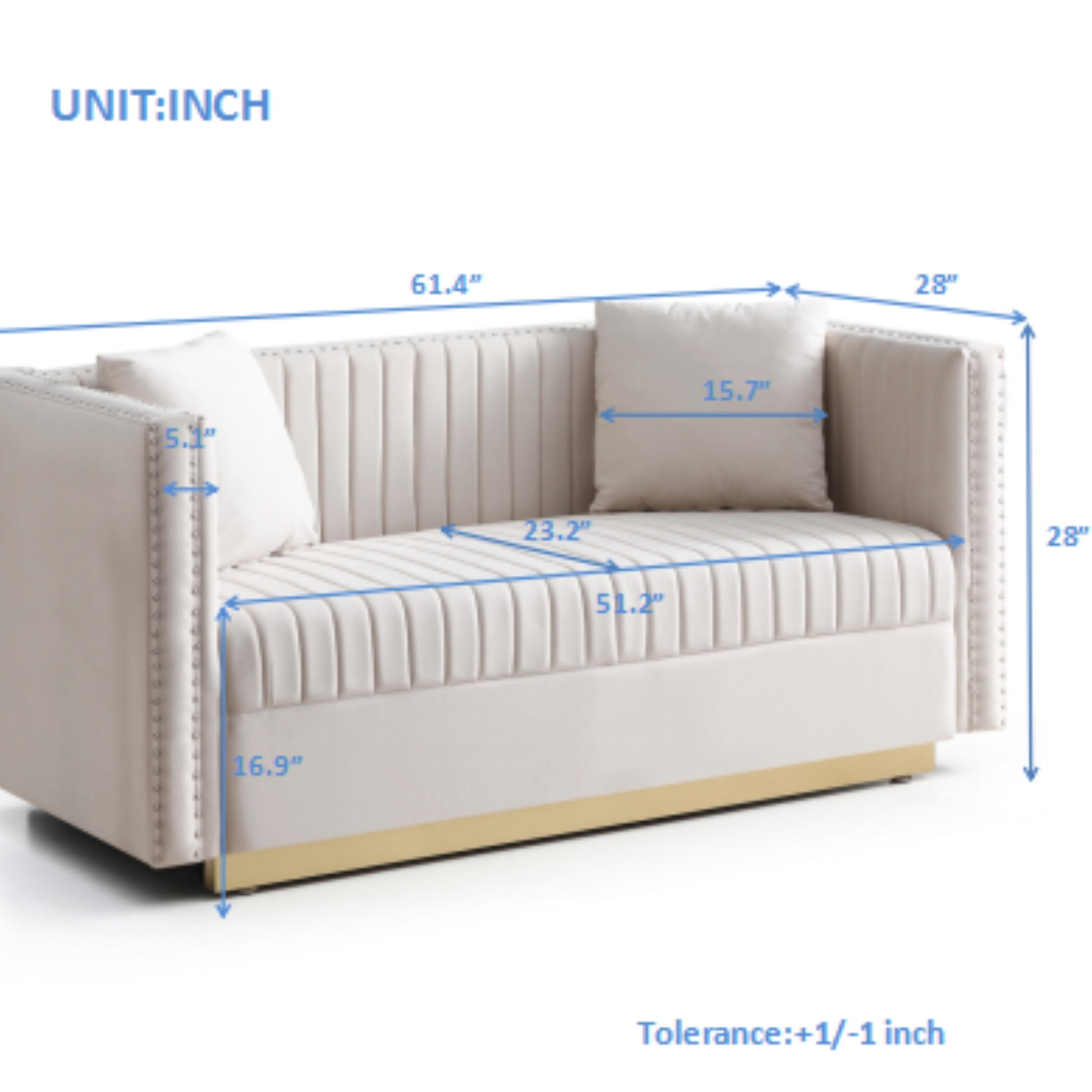 Elegant beige velvet sofa with gold trim and button tufting perfect for living rooms