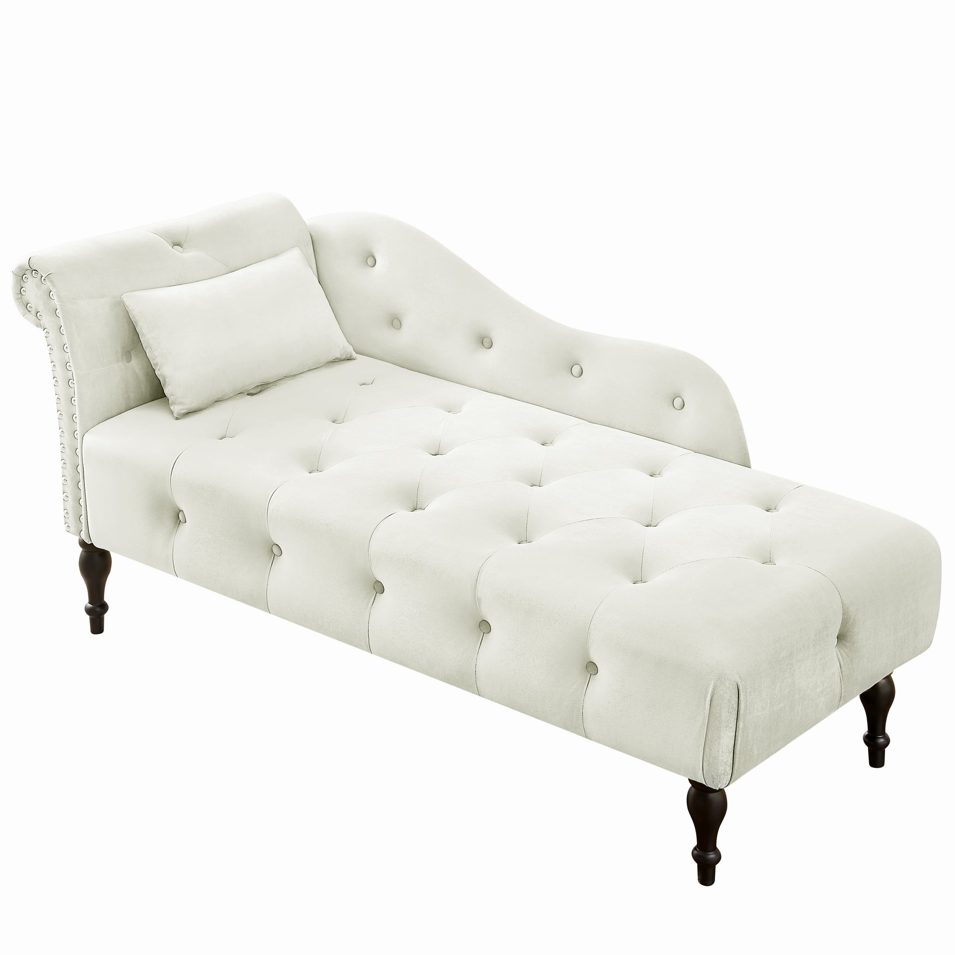 Cream velvet tufted chaise lounge with nailhead trim and decorative legs