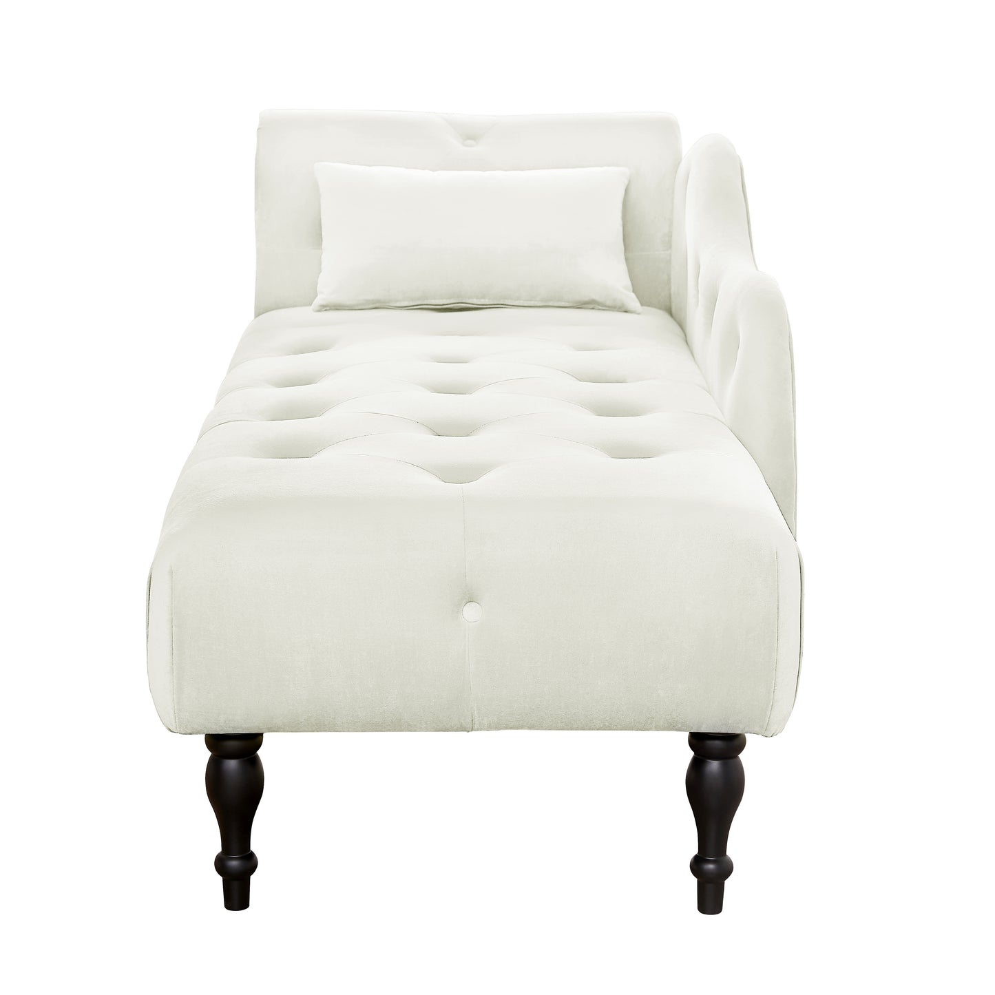 Tufted cream velvet chaise lounge with button tufting and dark wood legs