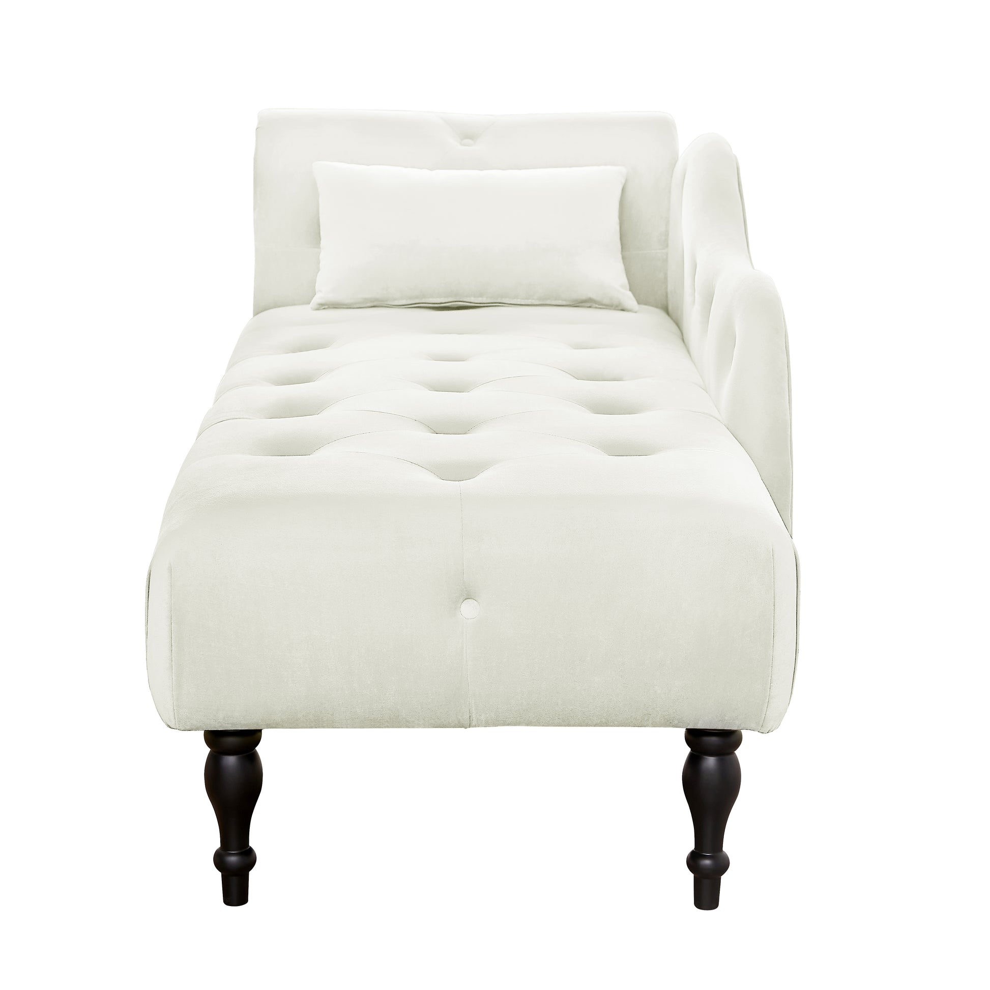 Tufted cream velvet chaise lounge with button tufting and dark wood legs
