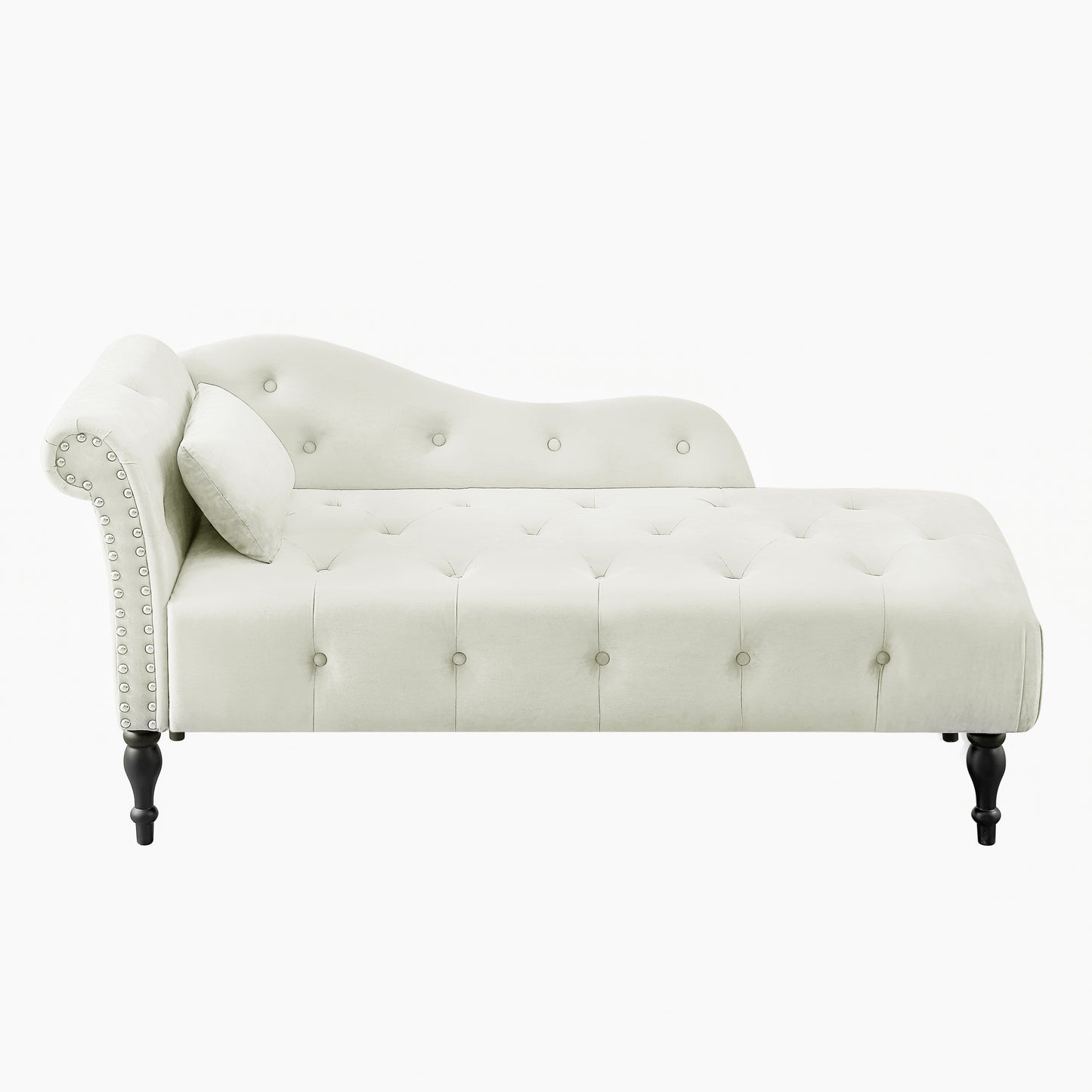 Elegant ivory velvet chaise lounge with tufted detailing and silver nailhead trim