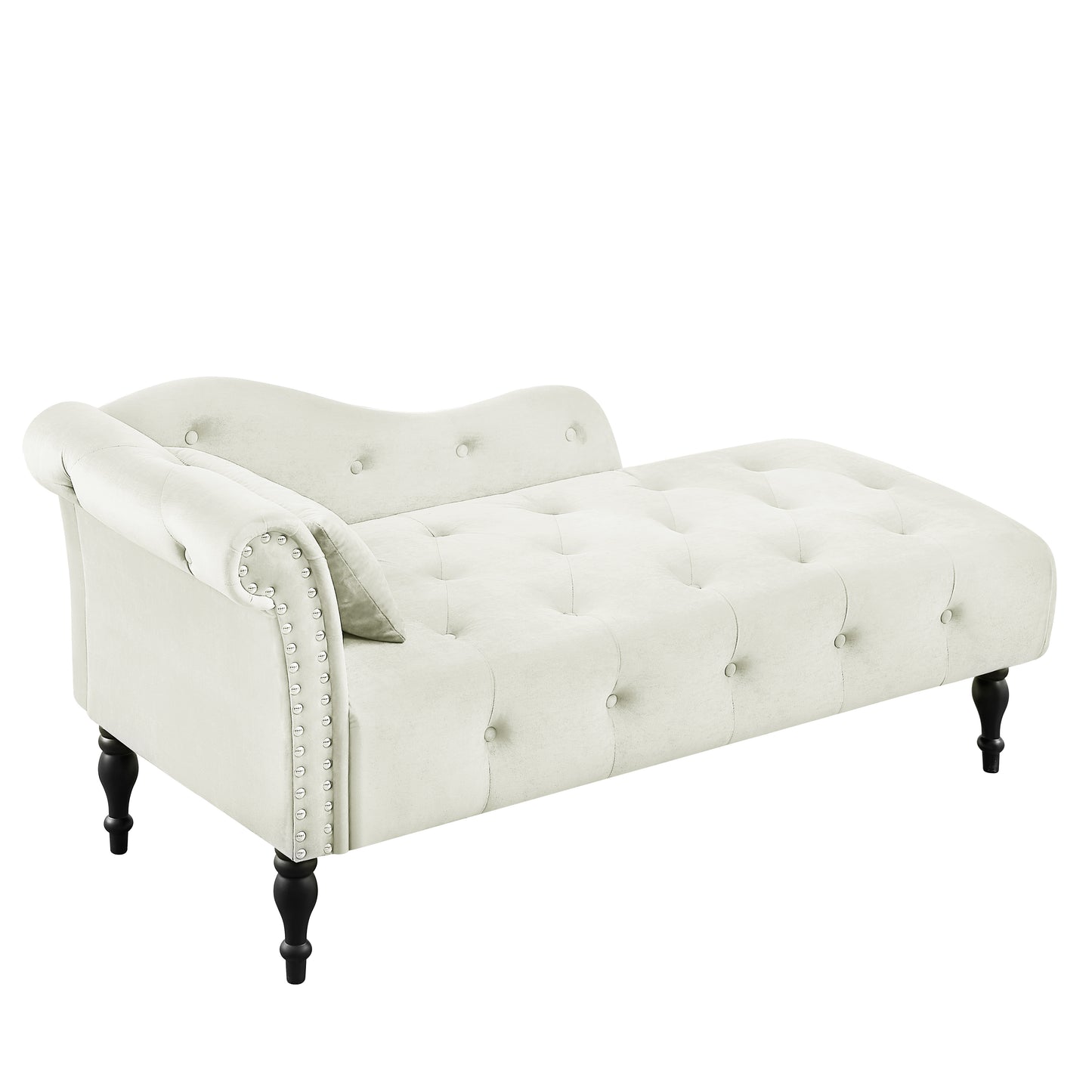 Elegant cream velvet tufted chaise lounge with silver nailhead trim and dark wood legs