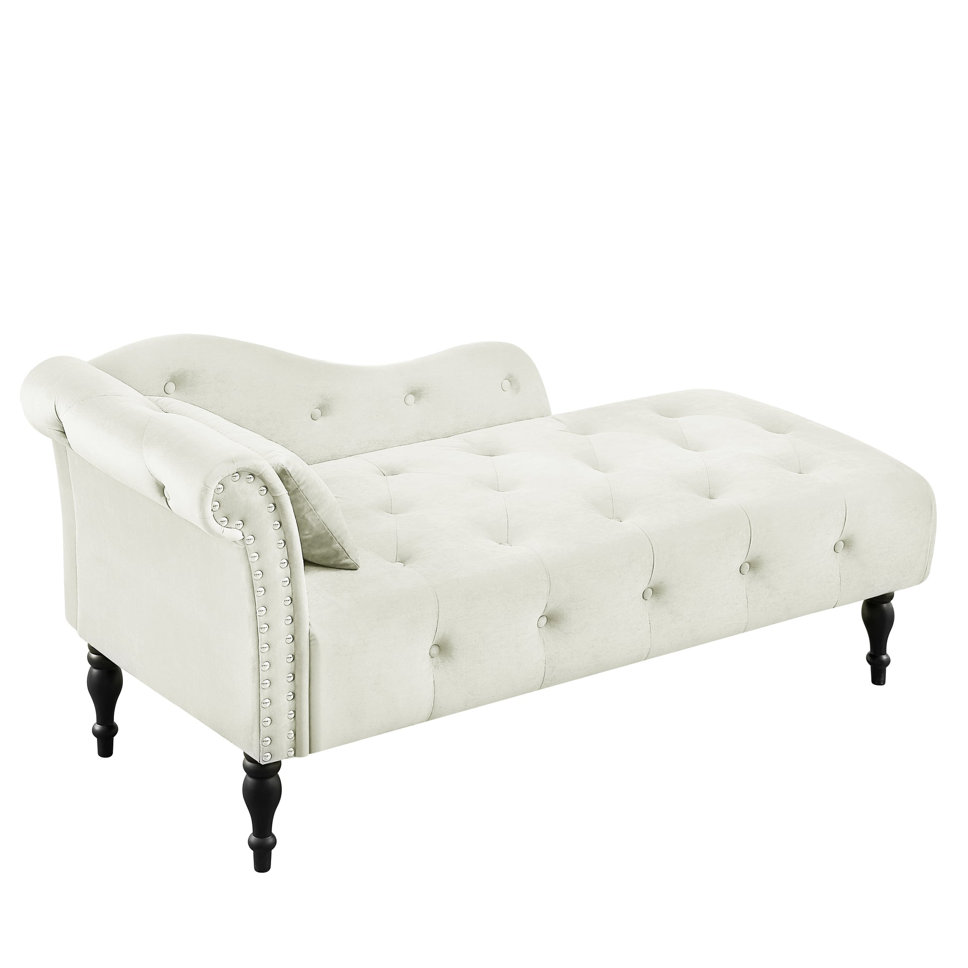 Elegant cream velvet tufted chaise lounge with silver nailhead trim and dark wood legs