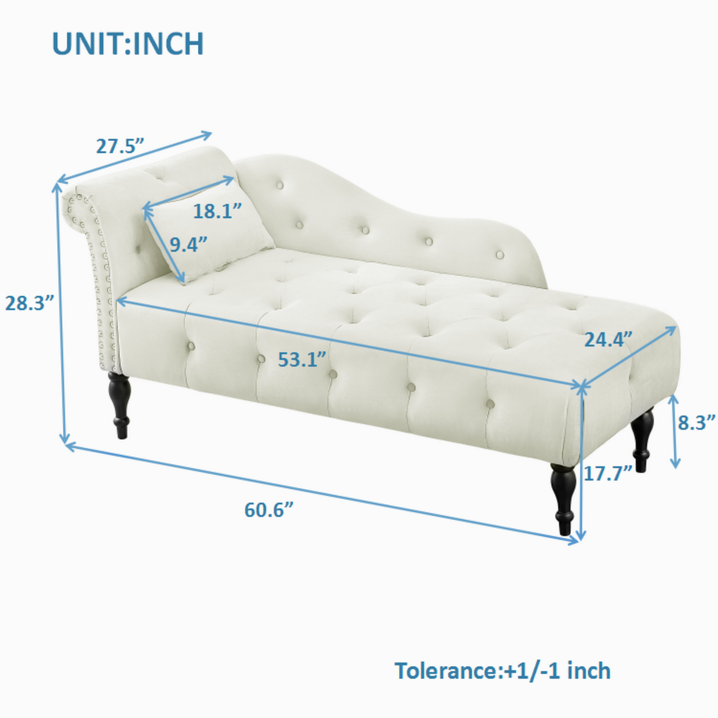 White velvet chaise lounge with tufted back nailhead trim and dark wood legs