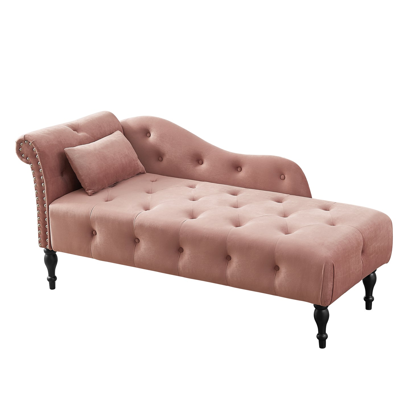Pink velvet tufted chaise lounge with stud trim and ornate black legs