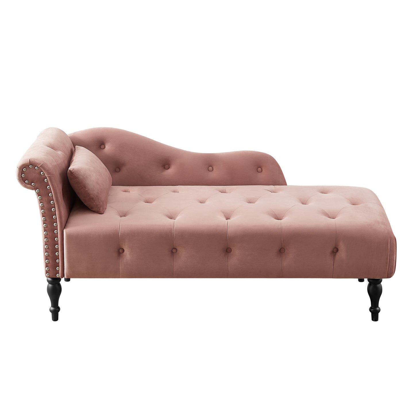 Dusty rose velvet chaise lounge with button tufting and silver nailhead trim