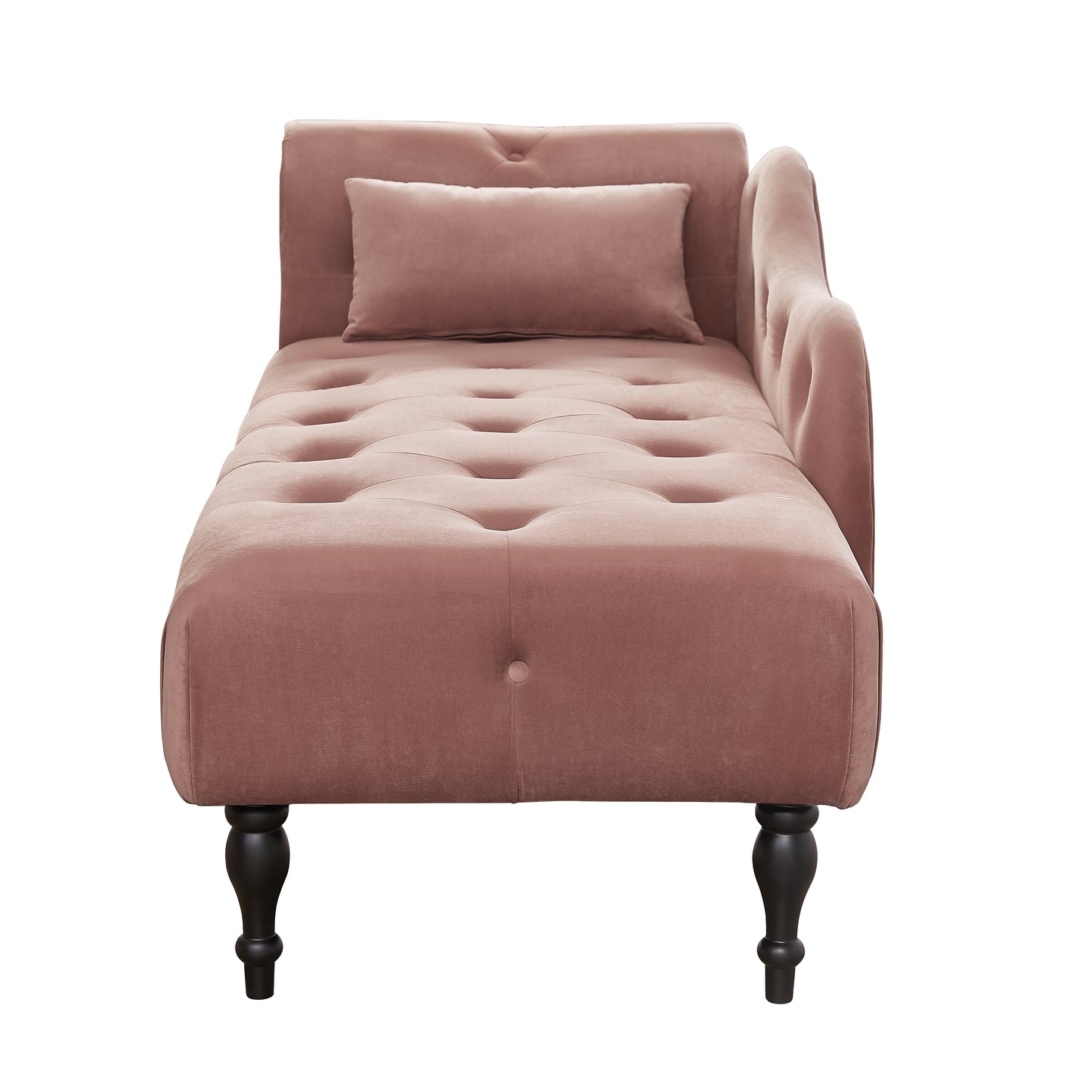 Dusty rose velvet chaise lounge with tufted seat and single bolster pillow