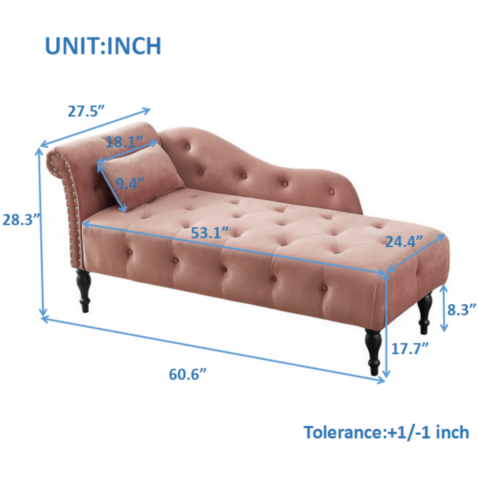 Pink velvet chaise lounge with tufted detailing and nailhead trim perfect for living rooms