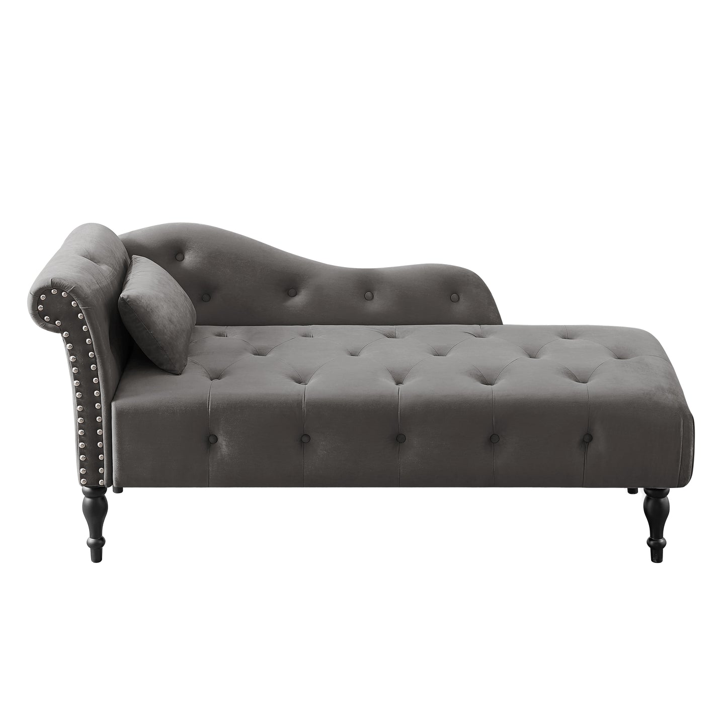 Elegant grey velvet chaise lounge with tufted seat and studded arms