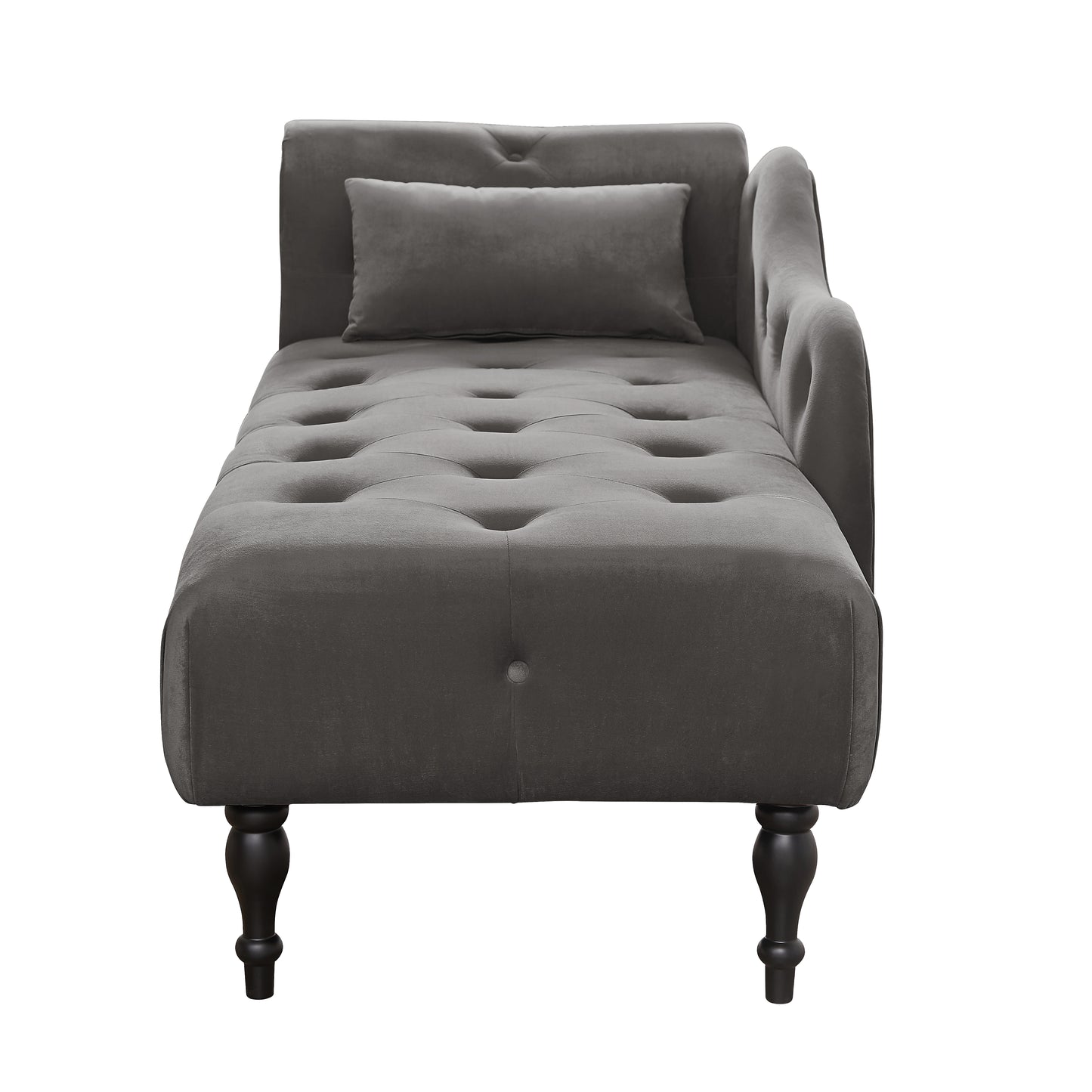 Gray velvet tufted chaise lounge with button accents and a lumbar pillow for elegant seating