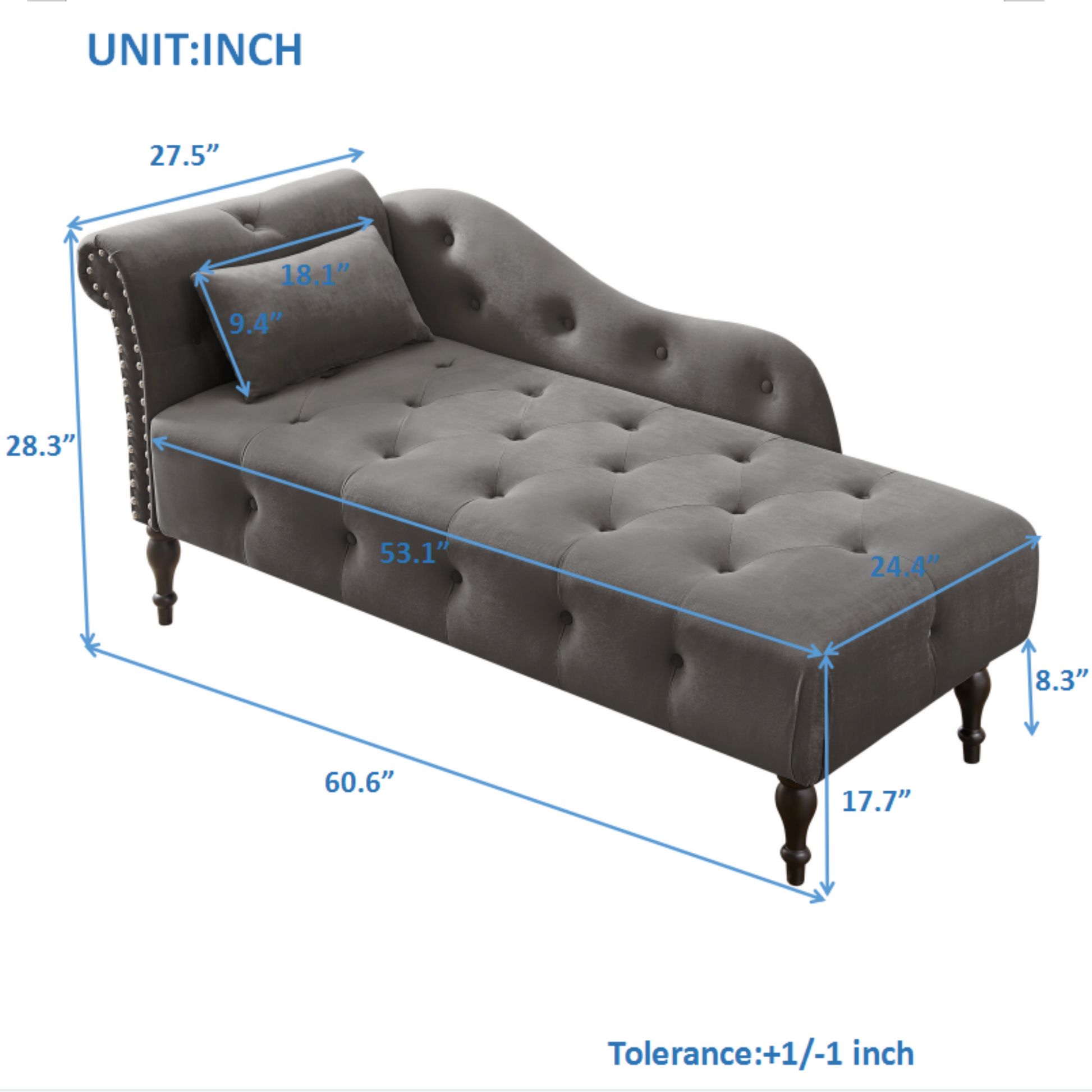 Tufted grey velvet chaise lounge with nailhead trim and dark wooden legs