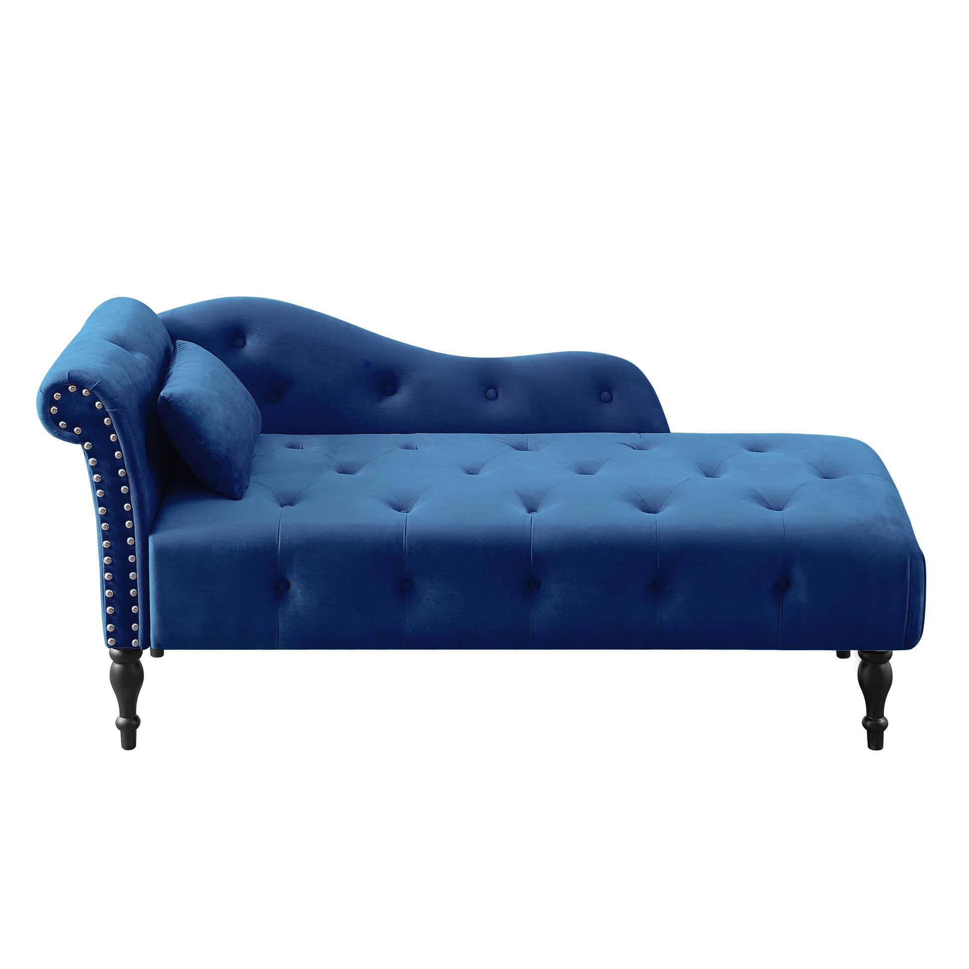 Deep blue velvet chaise lounge with tufted seat and silver nailhead trim