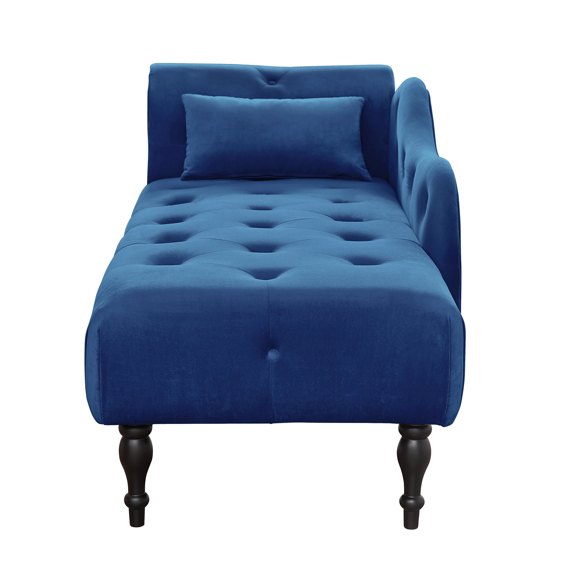 Tufted navy velvet chaise lounge with a single bolster pillow and dark wood legs