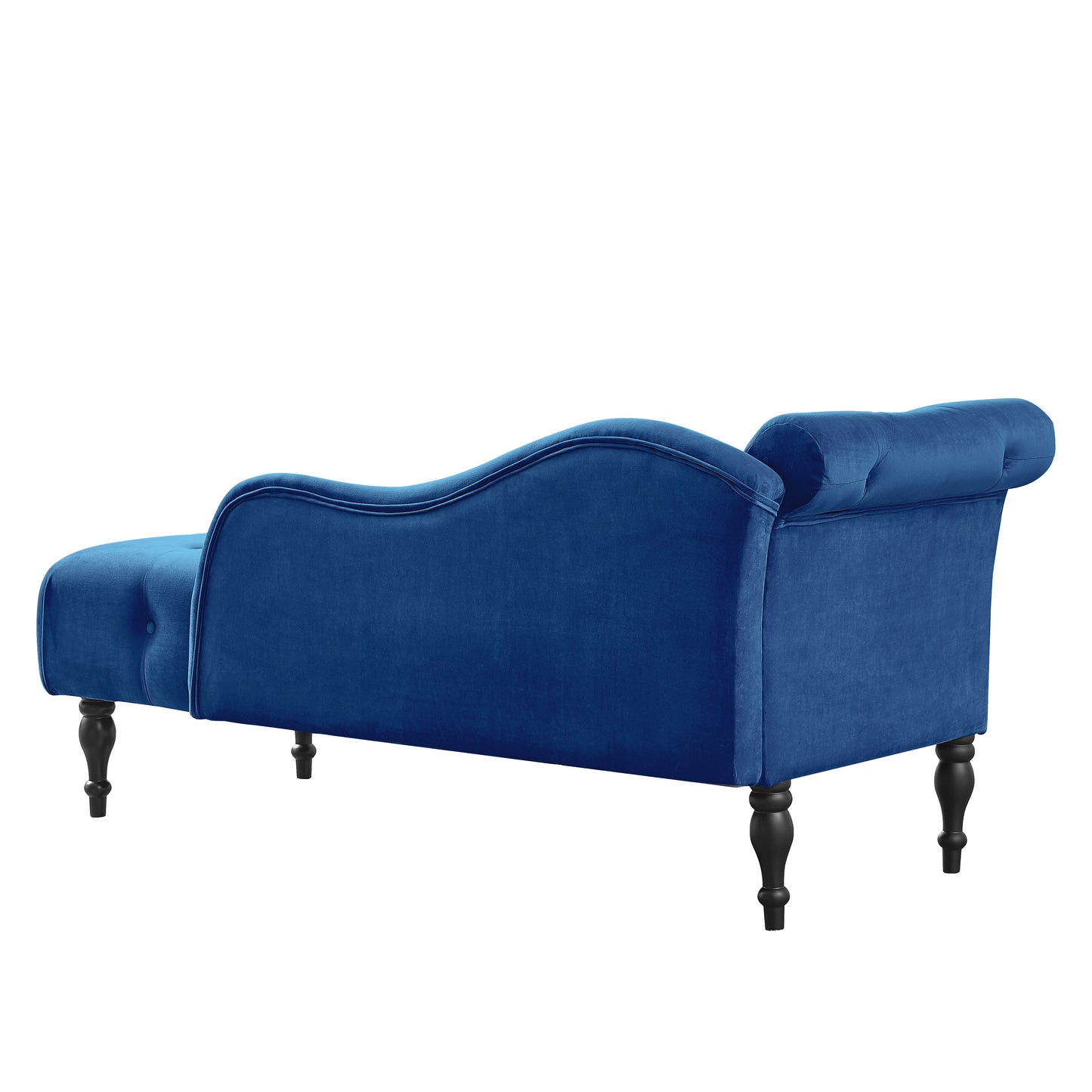 Deep blue velvet chaise lounge with tufted back and dark wood legs