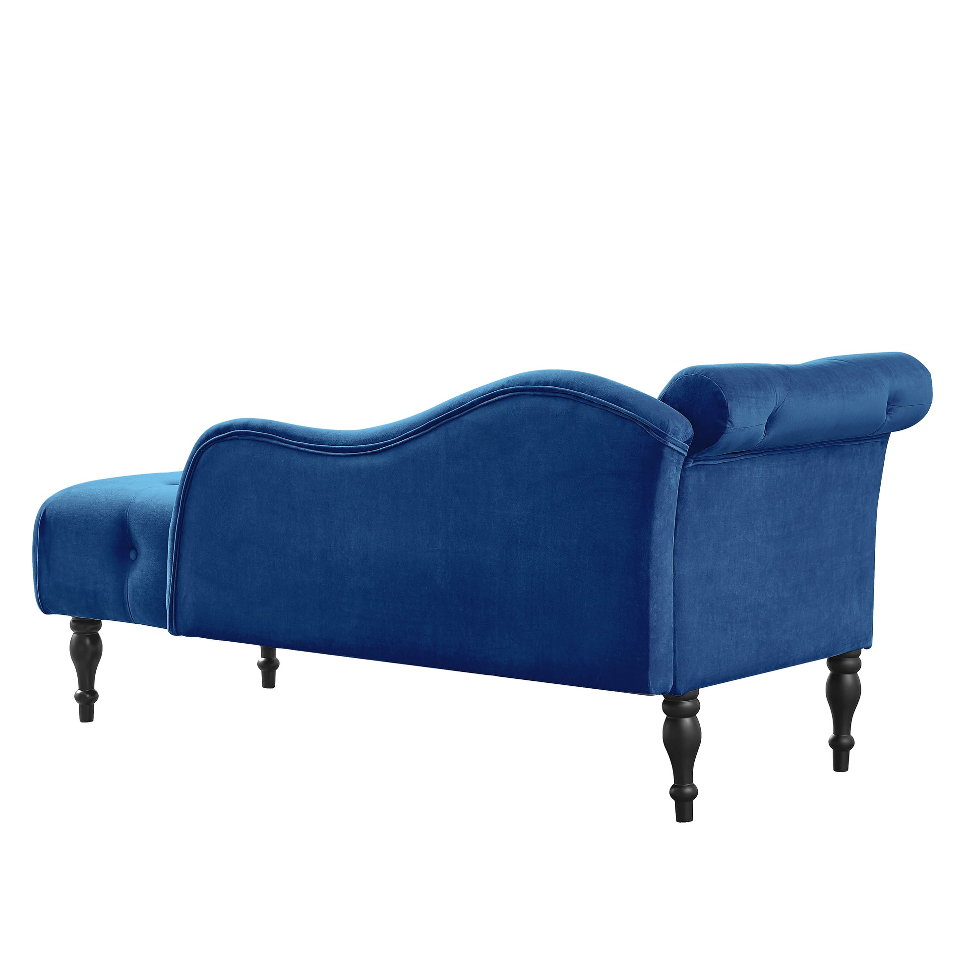 Deep blue velvet chaise lounge with tufted back and dark wood legs