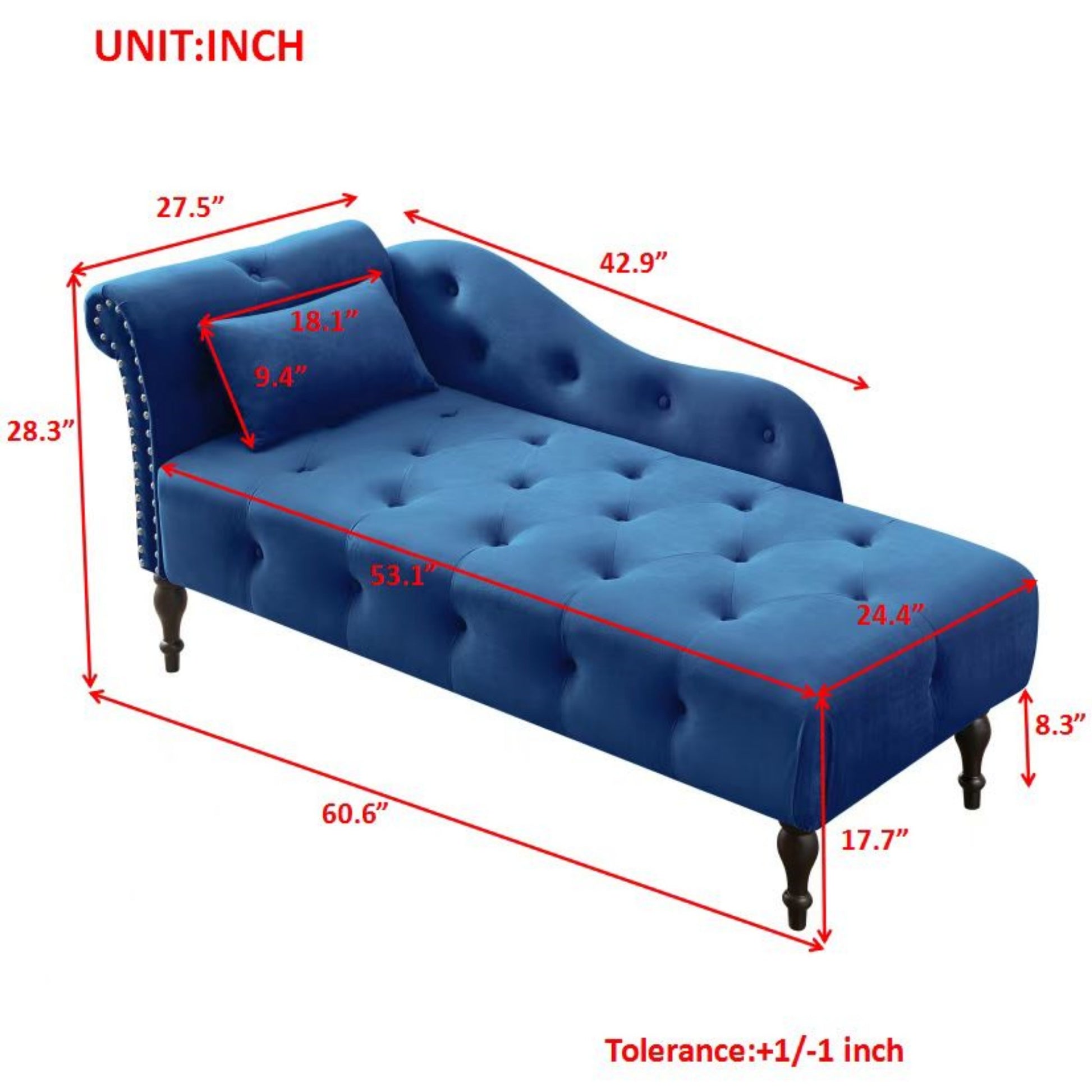 Tufted blue velvet chaise lounge with ornate nailhead trim and dark wooden legs ideal for relaxation