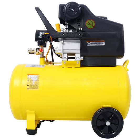 Yellow portable air compressor with black motor unit and wheels ideal for DIY projects