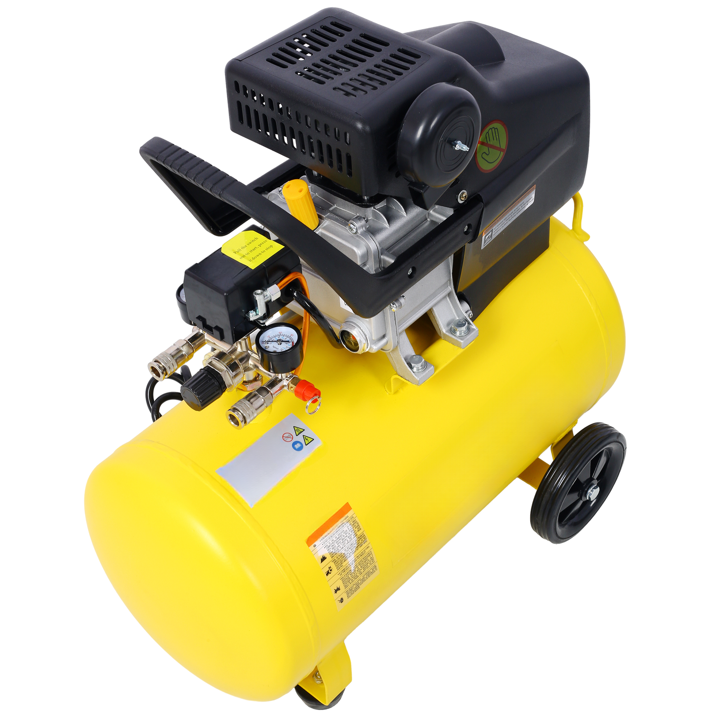 Yellow portable air compressor with black top pressure gauge and wheels for easy transport