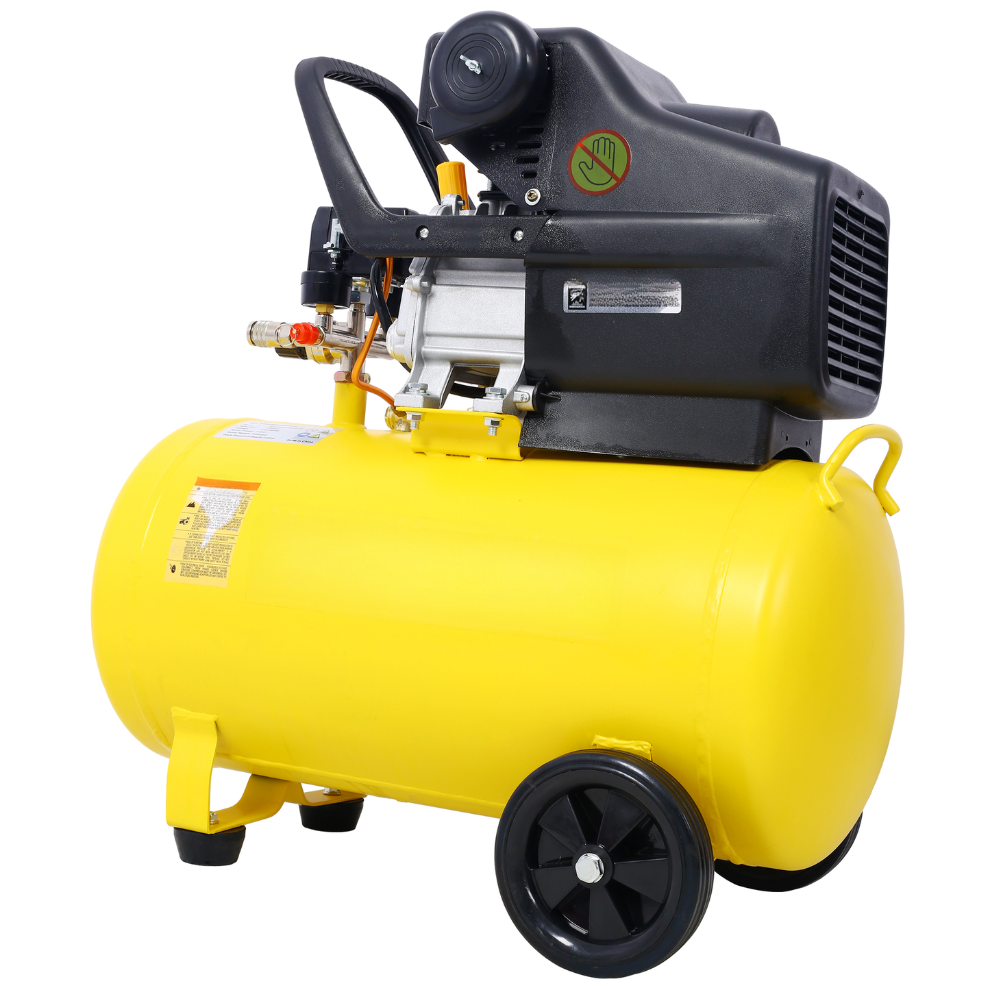 Yellow portable air compressor with black wheels and handle ideal for DIY projects