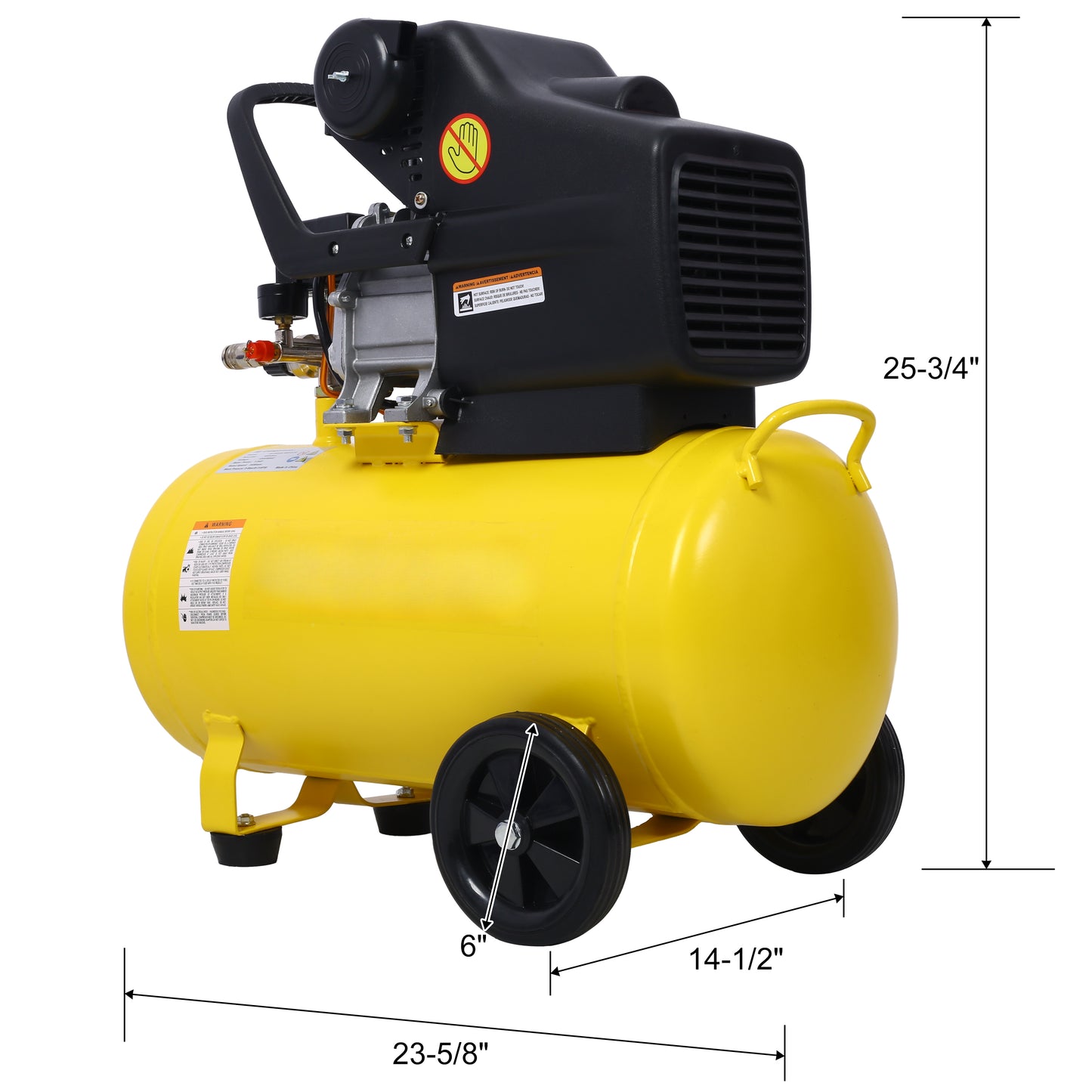 Yellow portable air compressor with black housing wheels and handle