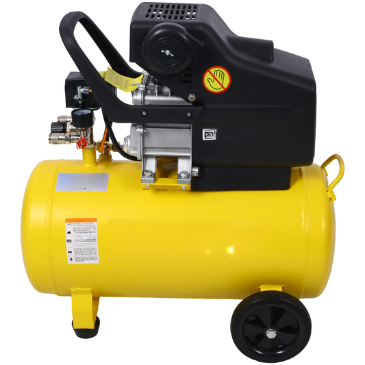 Yellow portable air compressor with black top housing and handle