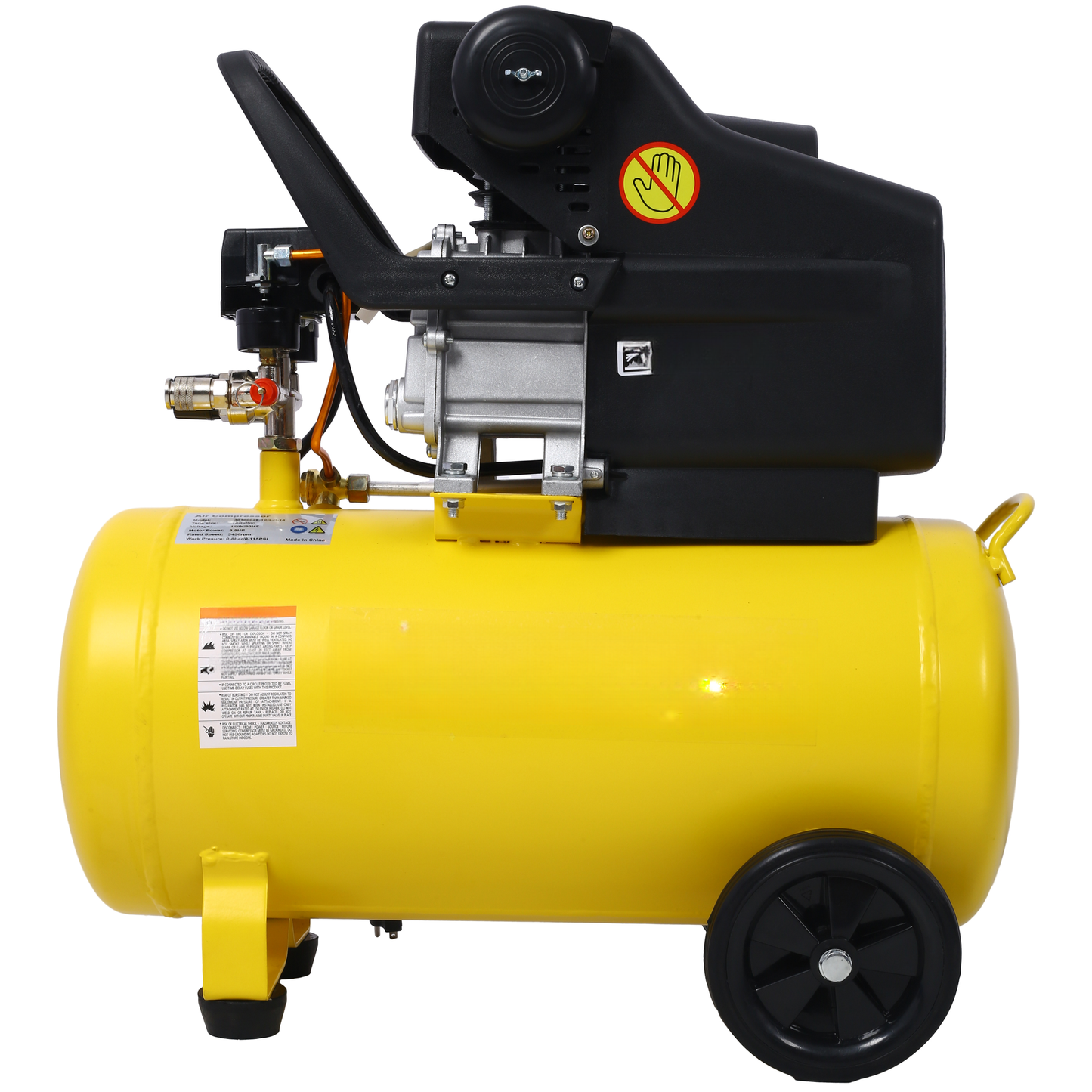 Yellow portable air compressor with black handle and wheels for easy transport