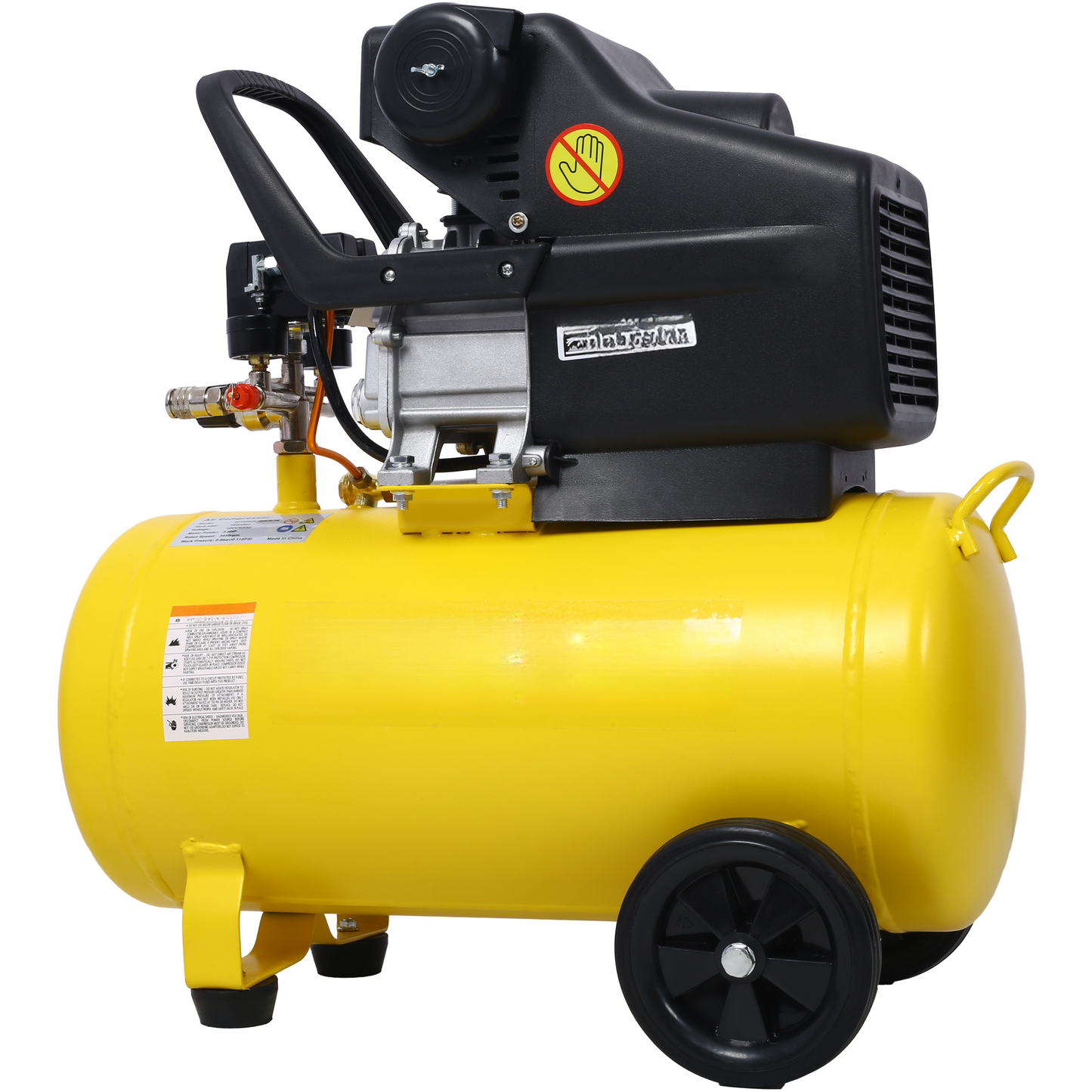 Yellow portable air compressor with black handle and wheels ideal for DIY projects