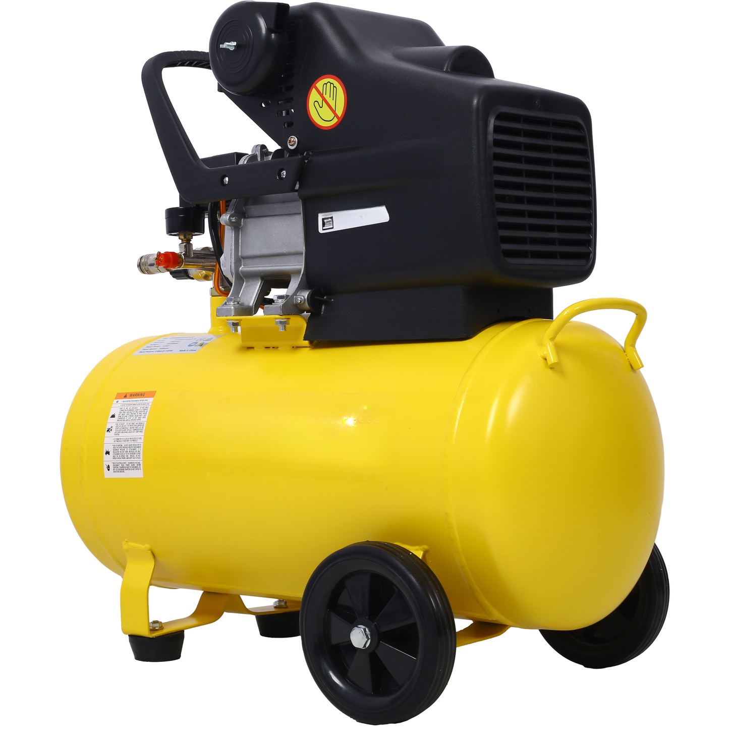 Yellow portable air compressor with black casing handle and wheels
