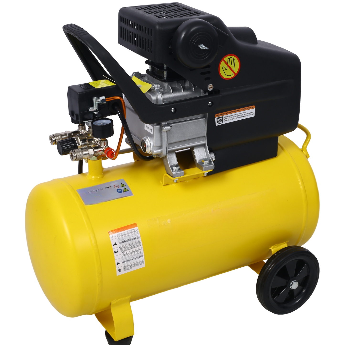Yellow portable air compressor with black motor and wheels